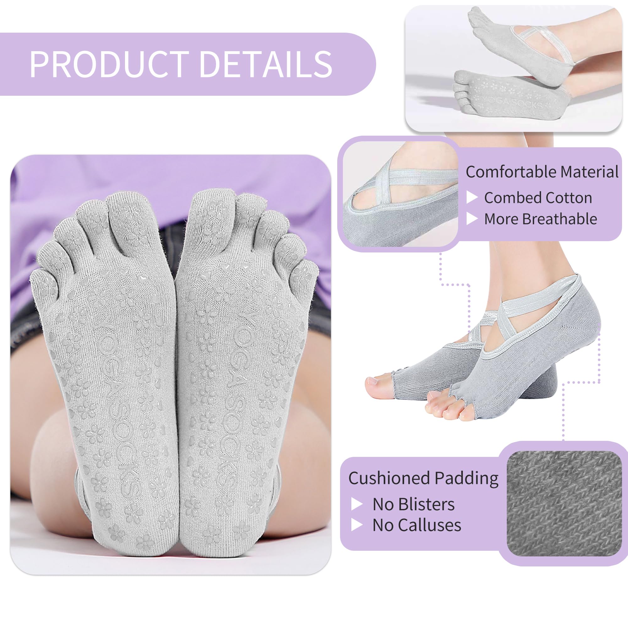 Keroius 2 pairs Yoga Socks Non Slip Skid Grip Socks Sticky Gripper Socks for Women and Men Ballet Pilates Hospital Dance: Exposed Toe Socks Gray