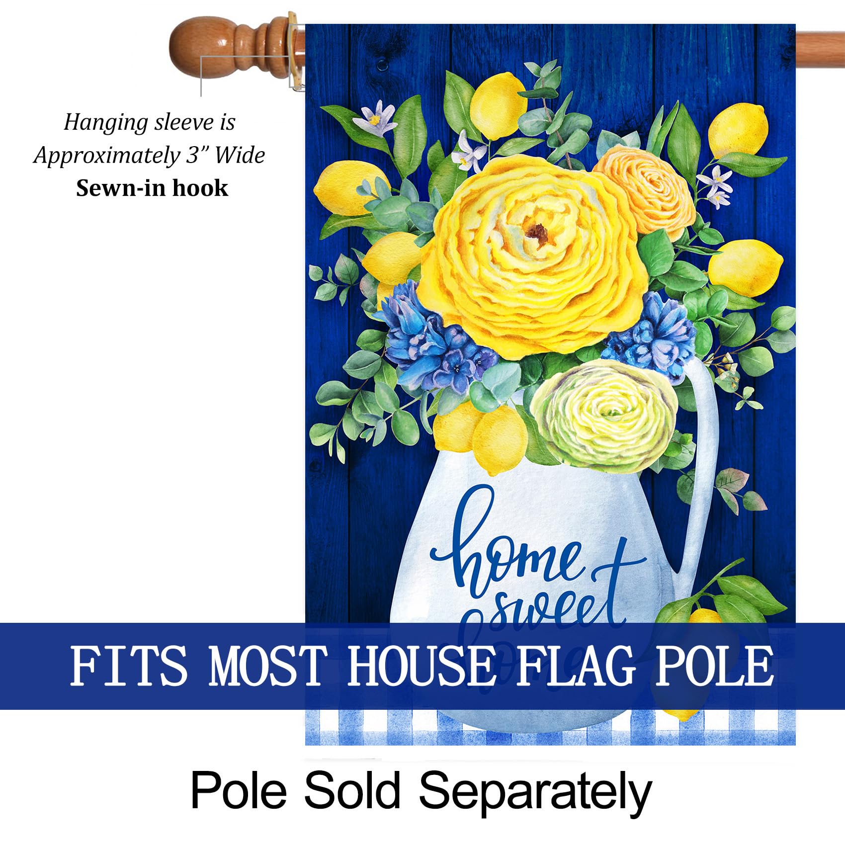 Home Sweet Home Gartenflagge – Blaue & Gelbe Blumen, Zitronen-Muster, 30,5 X 45,7 Cm, Polyester