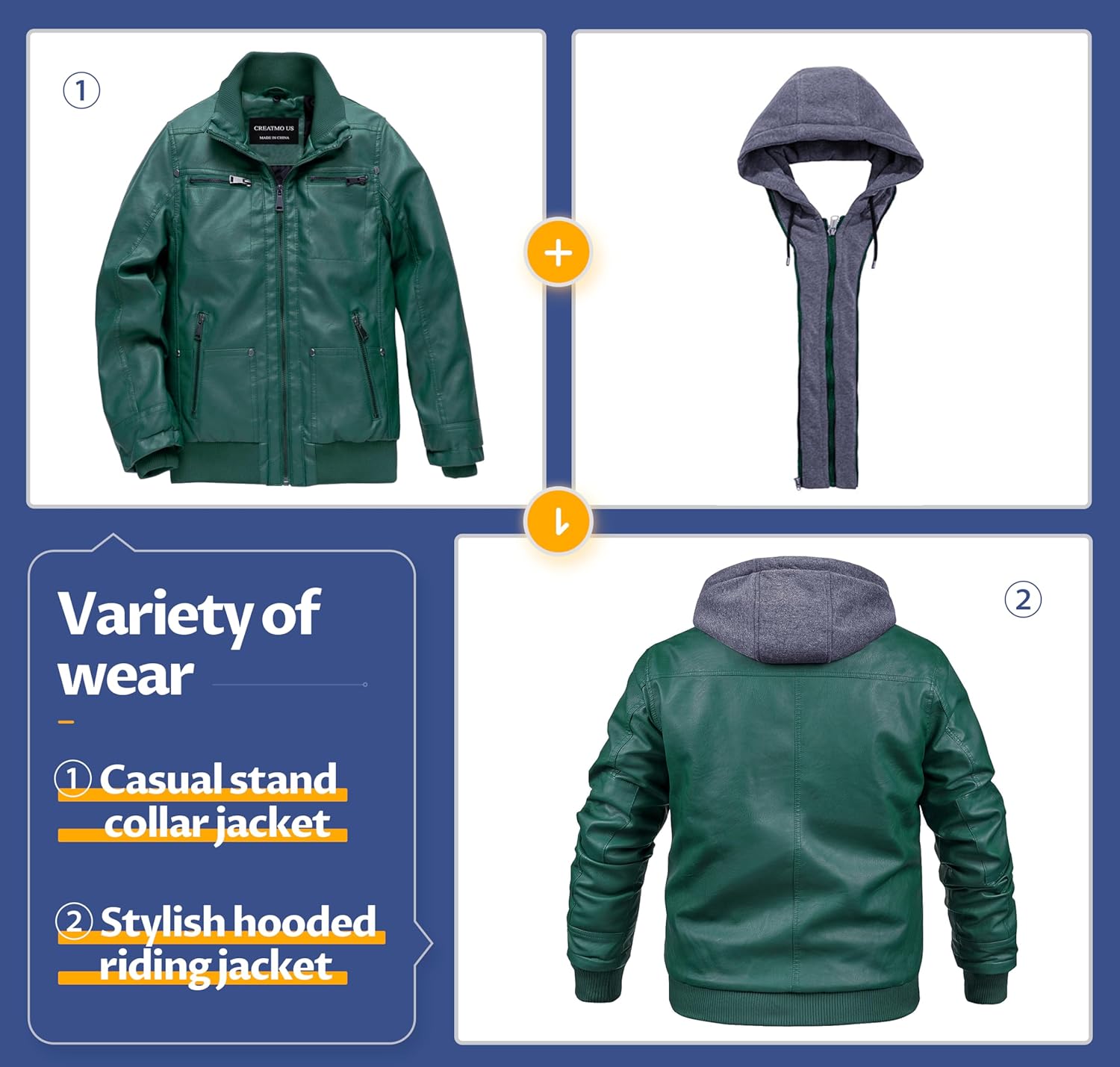 CREATMO US Men’s Faux Leather Jacket Motorcycle Jacket Waterproof Windproof PU Moto Vintage Bomber Hoodie with Removable Hood