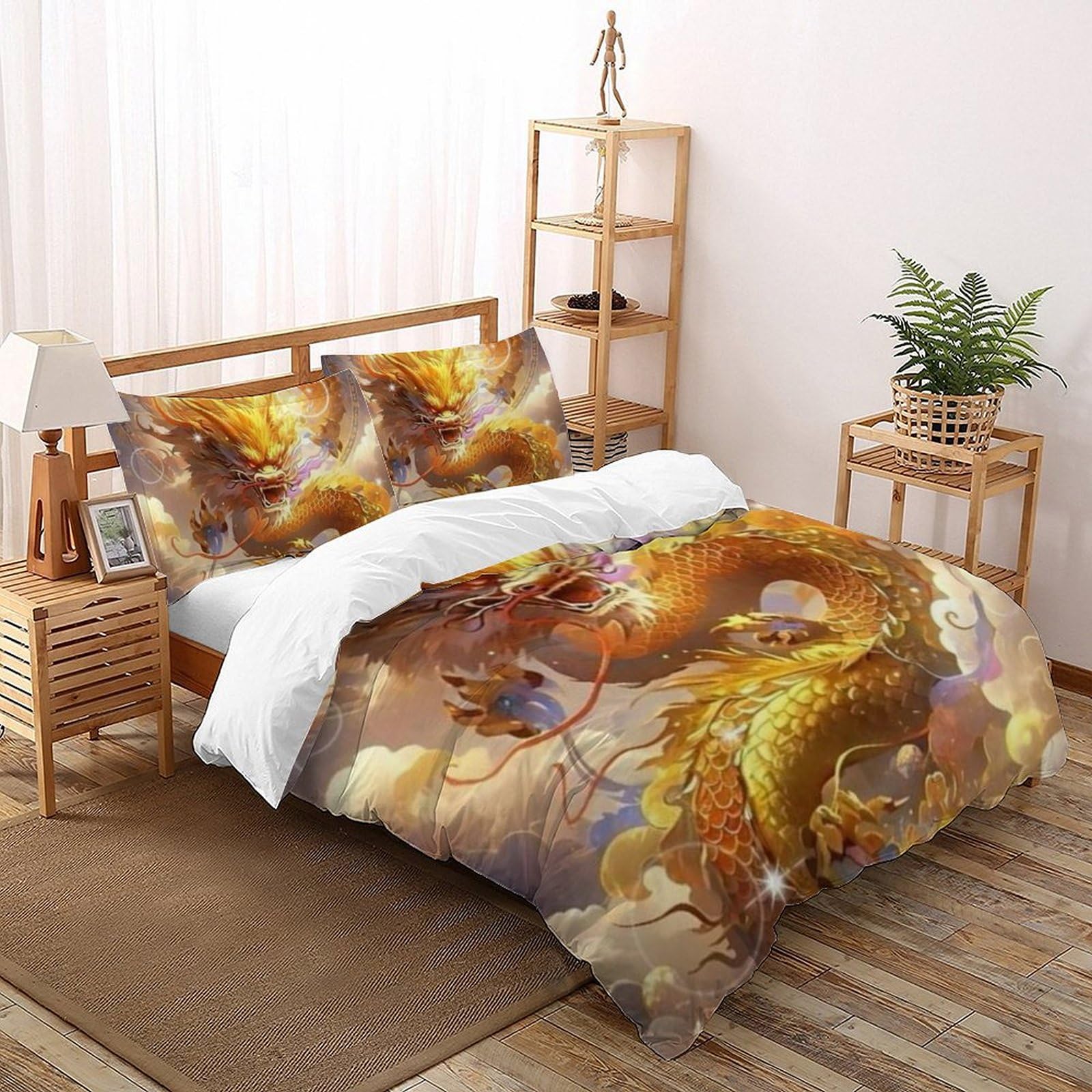 Parure de lit grand lit 260x220cm microfibre douce Le Dragon d'or