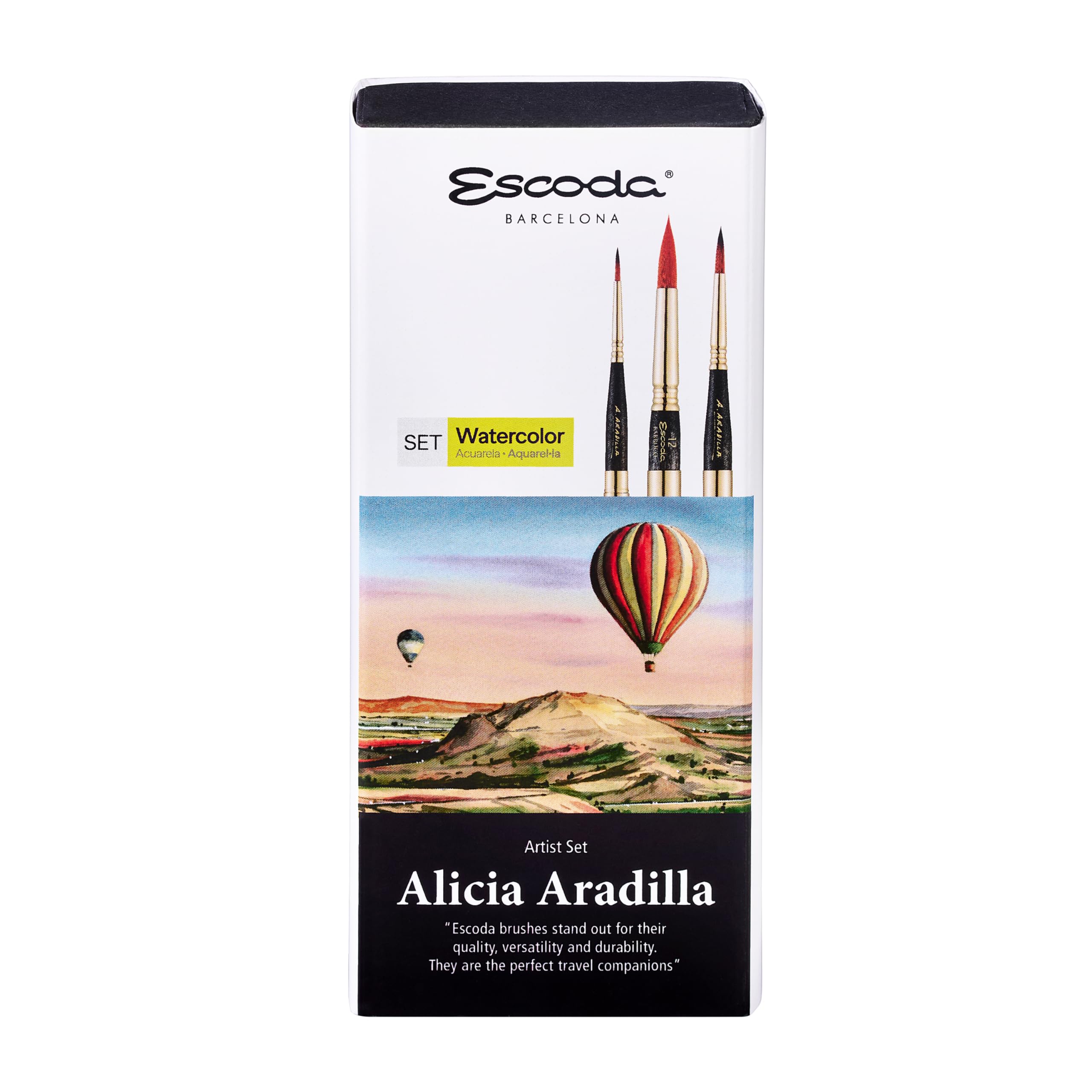 Escoda Alicia Aradilla Artist Watercolor Brush Set - Spazzole da viaggio - Astuccio in tela - Fibre sintetiche - Punta rotonda - 3 Pezzi