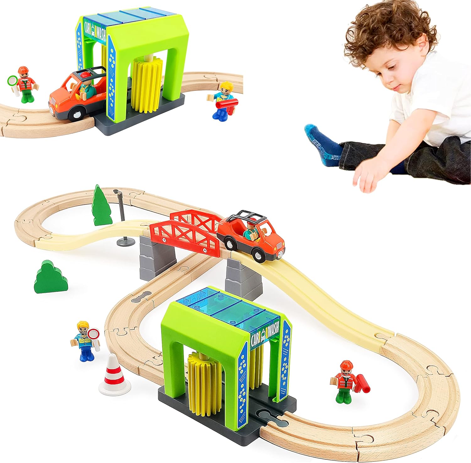 Wooden Train Set for Toddlers, Car Washer Station with