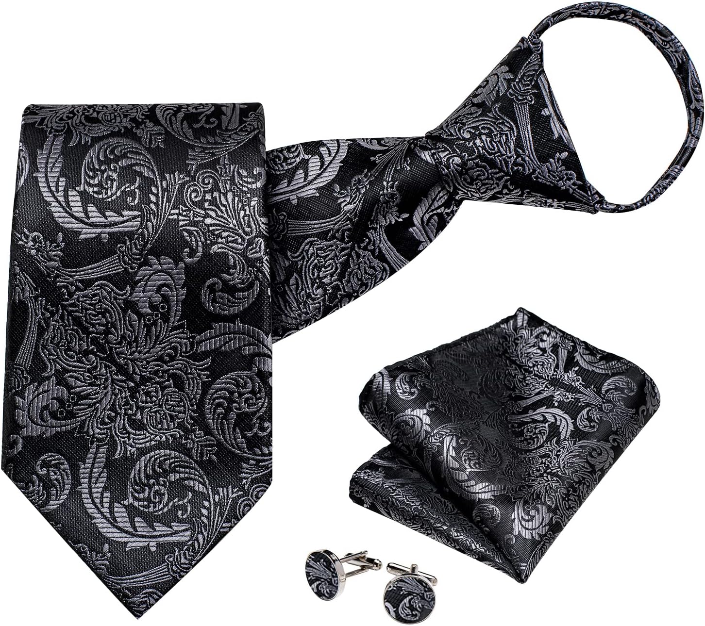 DiBanGu Silk Zipper Ties for Men,Paisley Solid Plaid Pre-tied Tie and Pocket Square Cufflinks Set Formal Adjustable Necktie