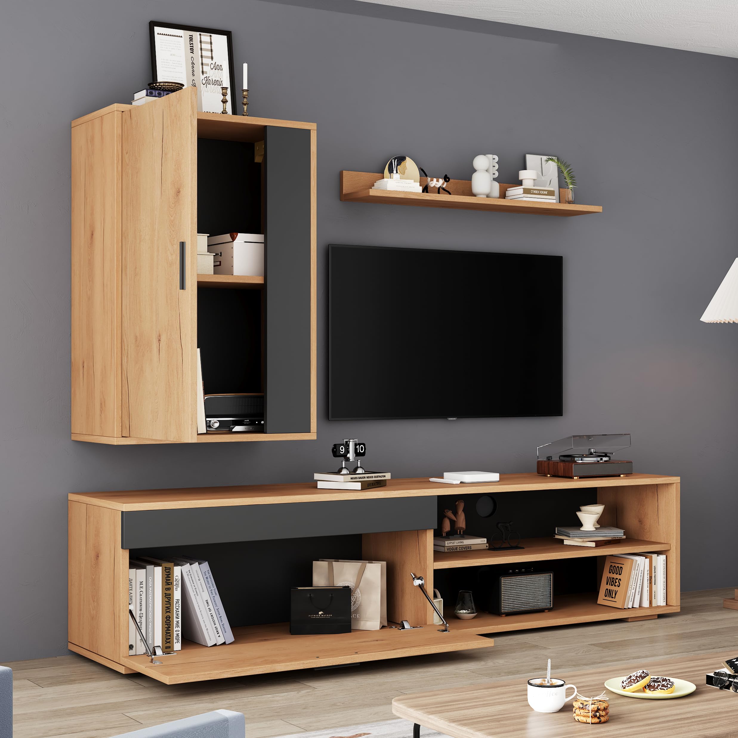 Juego de pared para TV (juego completo, 3 unidades), 140 x 35 x 39 cm, pared multimedia incluye mueble TV, estantería de pie y estantería de pared, juego de muebles de salón, moderno mueble de