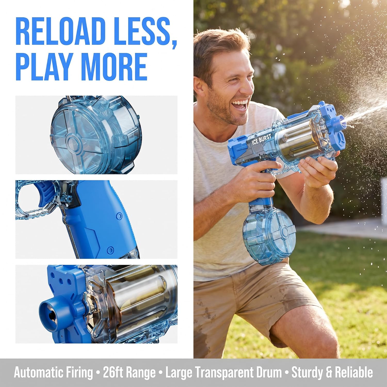Electric Water Guns for Adult & Kids32FT Long Range Automatic Squirt Water Blaster,800ml Large Capacity Tank,Splash-Resistant Design, Outdoor Beach Pool Party Toy Gun (Transparent Flashing Water Gun)
