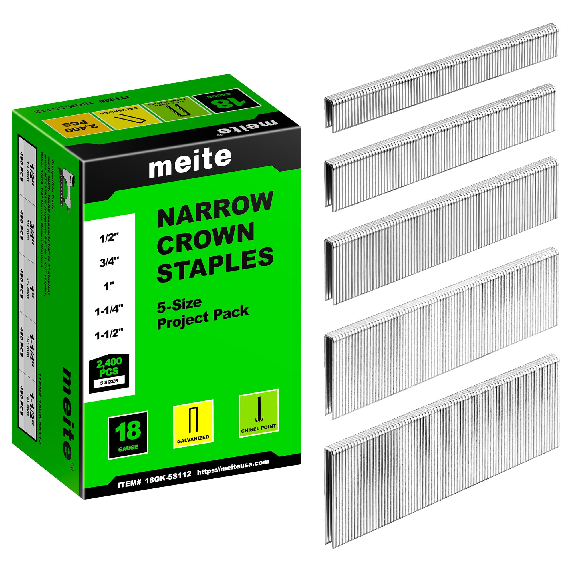 meite Grapas corona estrecha calibre 18 tipo 90, set 5 tamaños 13、19、25、32 y 38 mm, 480 unidades por tamaño, galvanizadas para tapicería y trabajos exigentes
