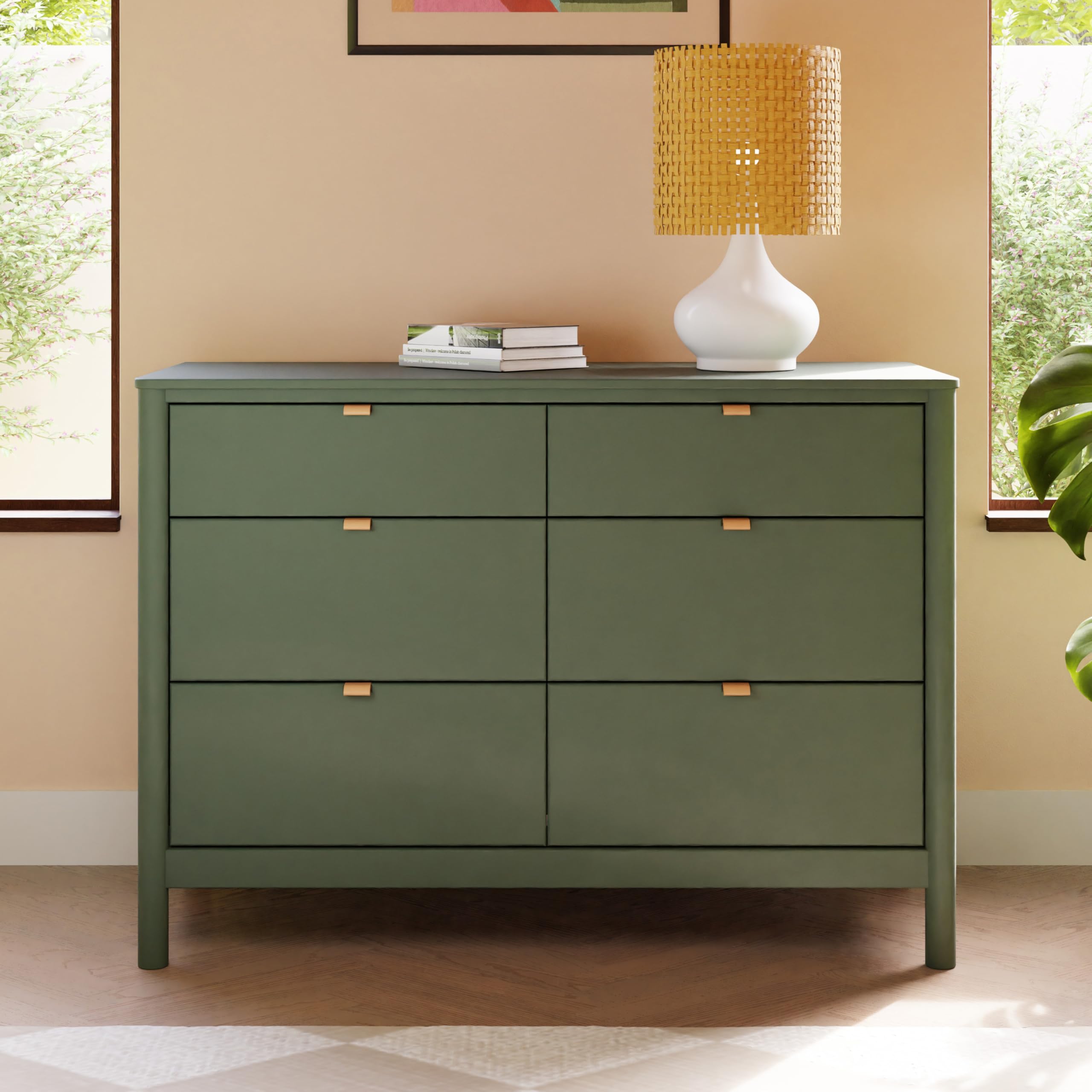 green nursery dresser babyletto Bondi 6-Drawer with Vegan Leather Drawer in Forest | GREENGUARD Gold Certified - Fully Assembled Baby Dresser for & Bedroom MAO10