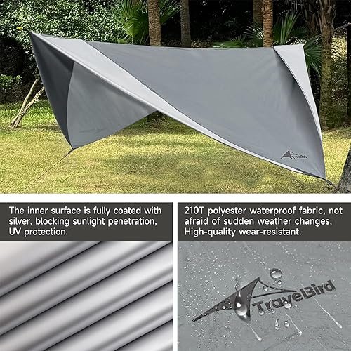 Miniatura 2 de Hamaca con mosca de lluvia, lona impermeable de 11 x 9 pies con puertas, lona ligera y con protección UV, multifuncional para mochileros,