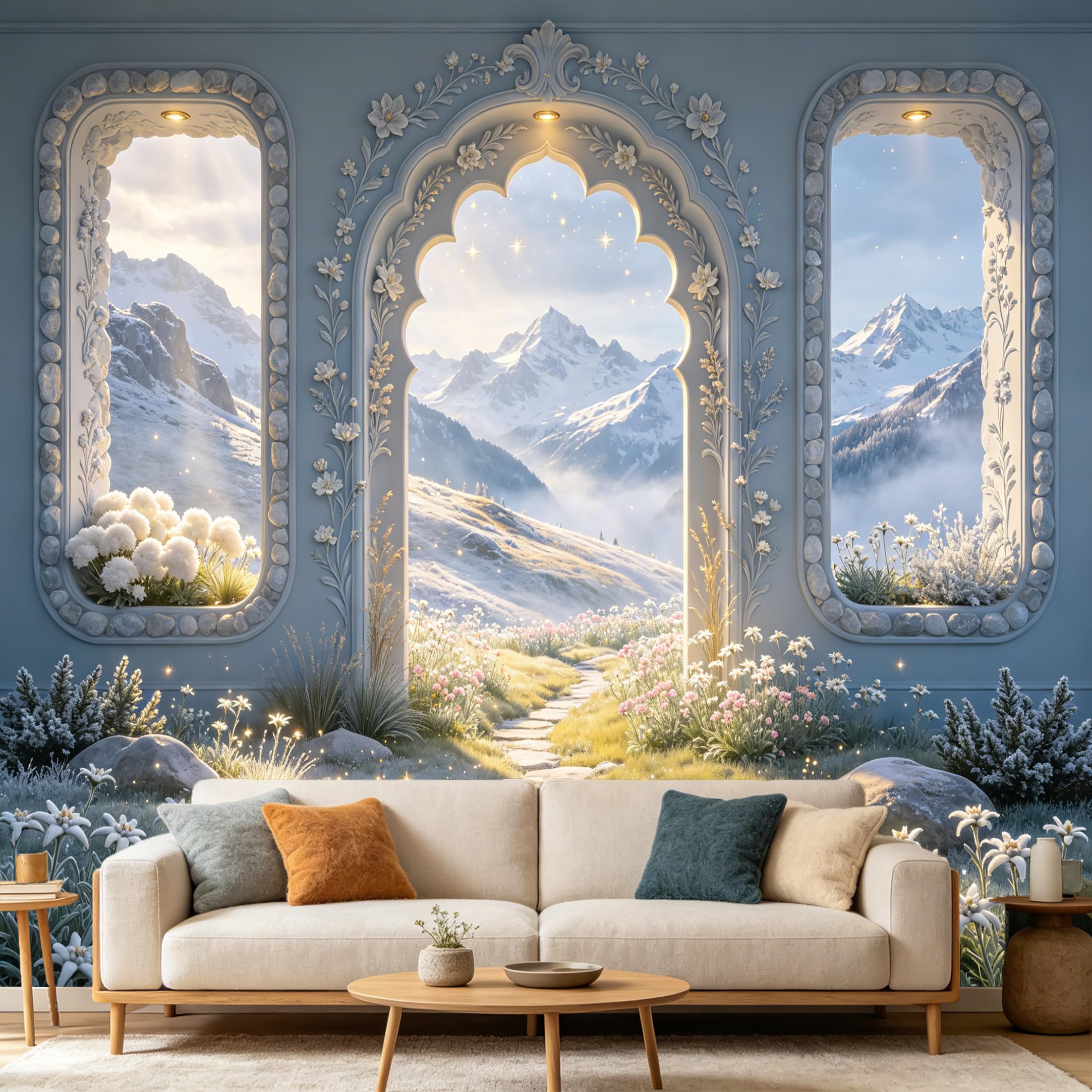 Custom Size Wall Mural， 3D Trompe L'Oeil Mountain Lake View Arched Window Floral Botanical，SelfAdhesive Art Prints wall Fabric Removable Large Wallpaper Home Living Room Decor