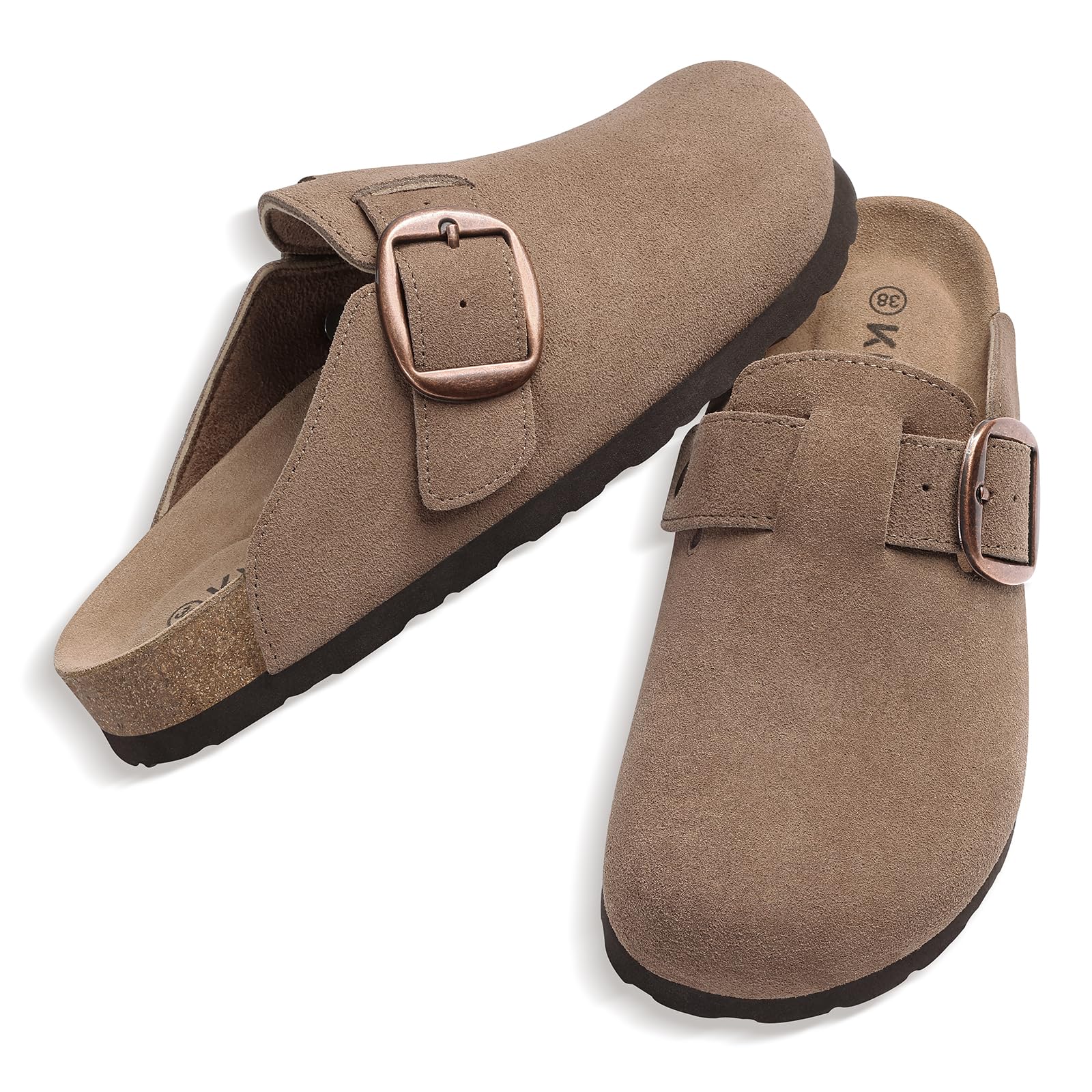 KIDMI Genuine Suede Clogs for Women Memory Foam Cork Footbed Potato Shoes Slip On Leather Mules with Big Buckle