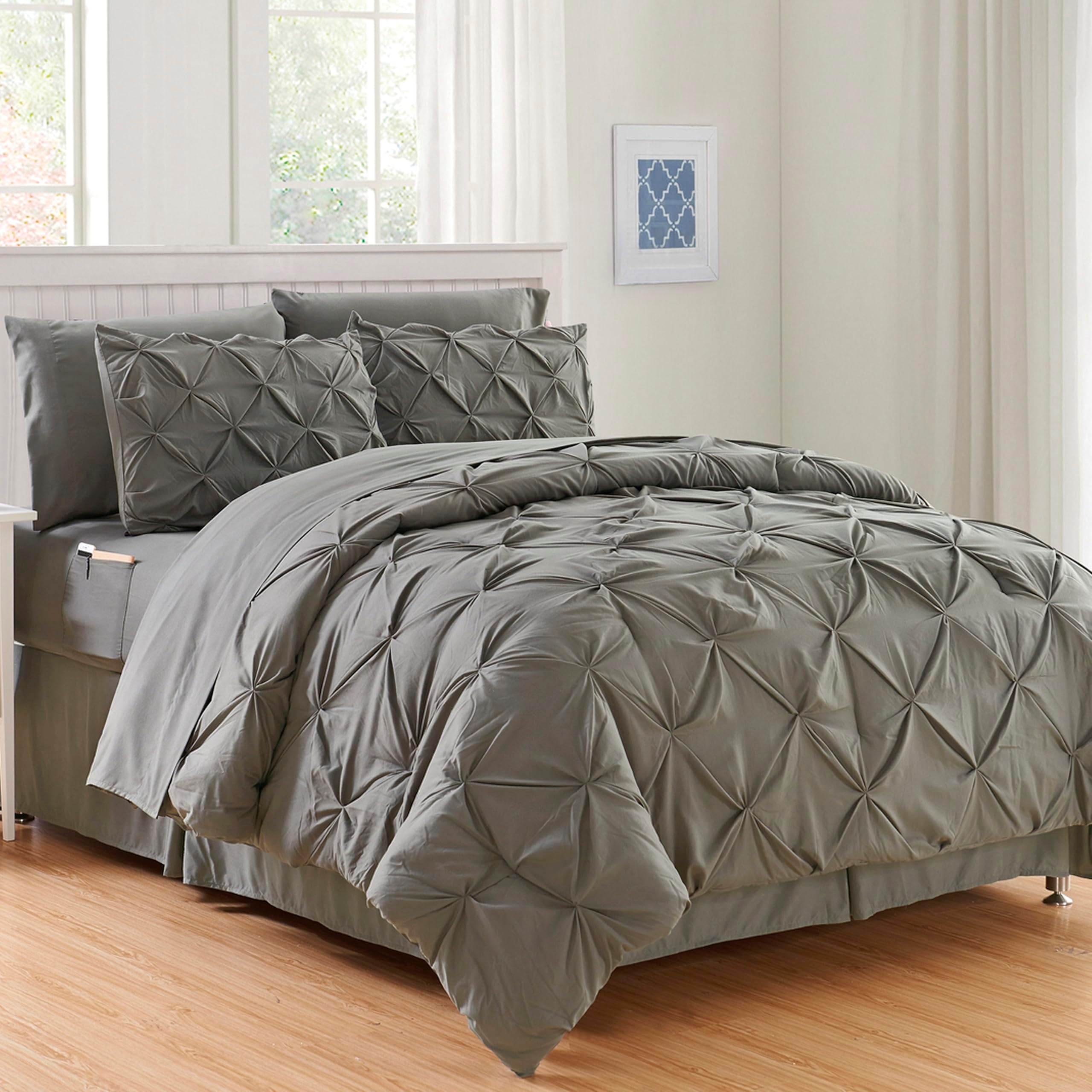 Elegant Comfort 8-Piece Pinch Pleated Comforter Set - All Season Complete Bed in a Bag, Includes 4pc Smart Sheet Set, Bed Skirt, Comforter, Matching Pillowcases and Shams, Full/Queen, Gray