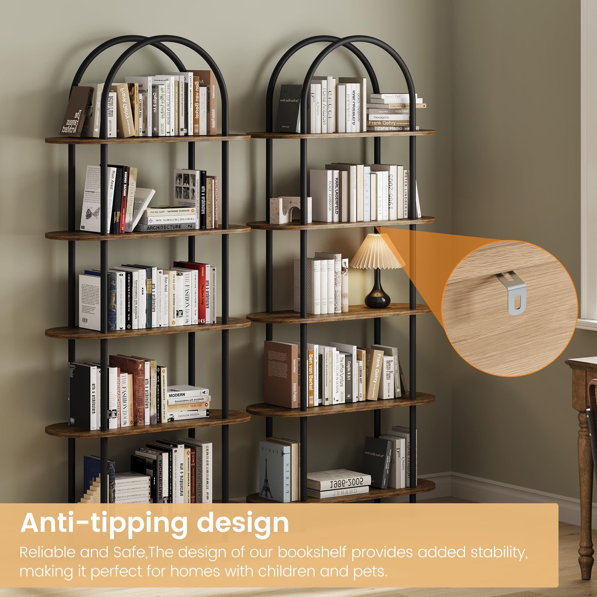 IDEALHOUSE Set di 2 librerie da 180 cm, design ad arco, scaffale aperto a 5 livelli, scaffale alto stretto con telaio in metallo, per casa, ufficio/soggiorno, 1 articolo, più scatole