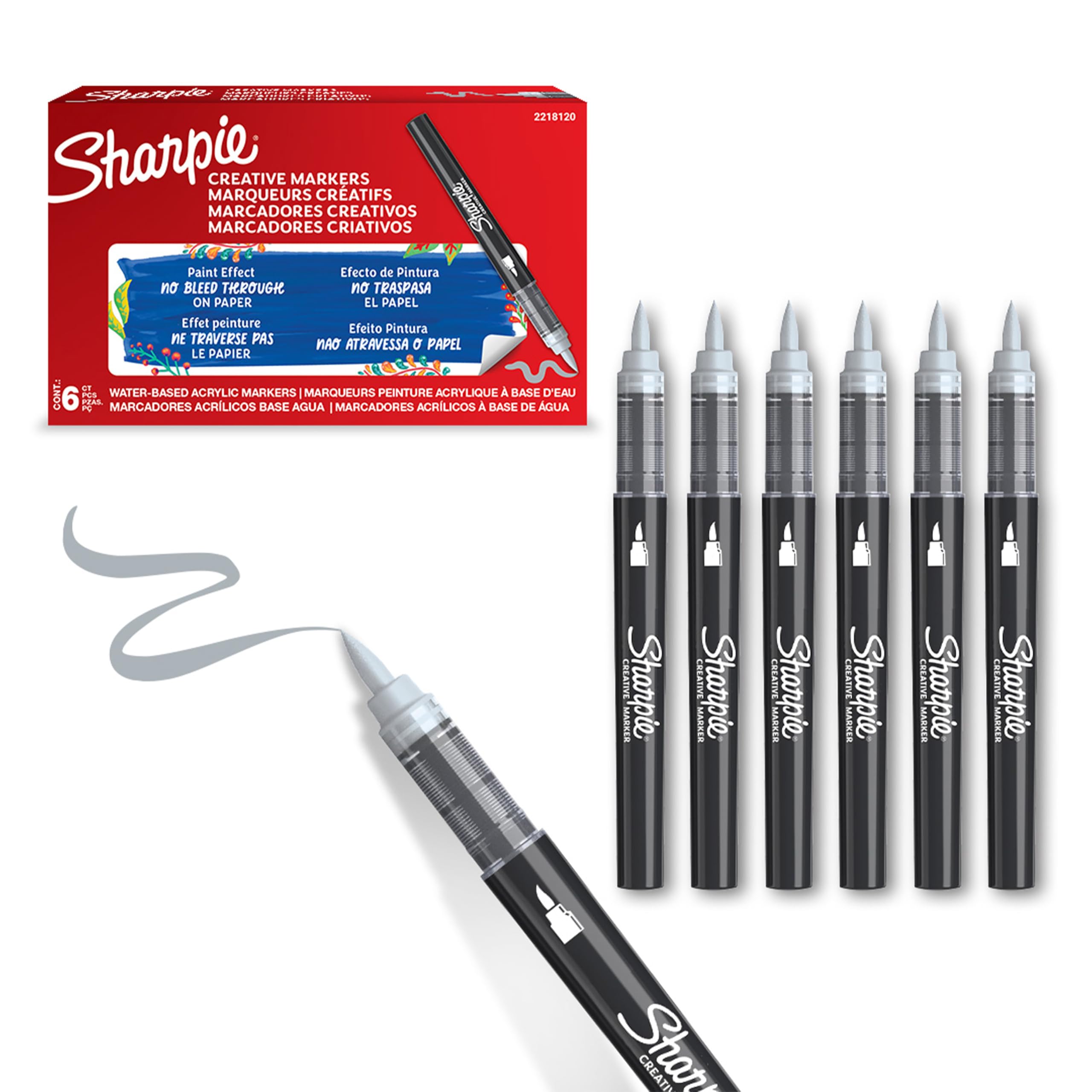Sharpie Creative Marker Acrylic Paint Pens | Brush Tip Water-Based Paint Markers | Cool Grey | No-Bleed Ink Writes on Most Surfaces | Crafting & Art Supplies | 6 Count