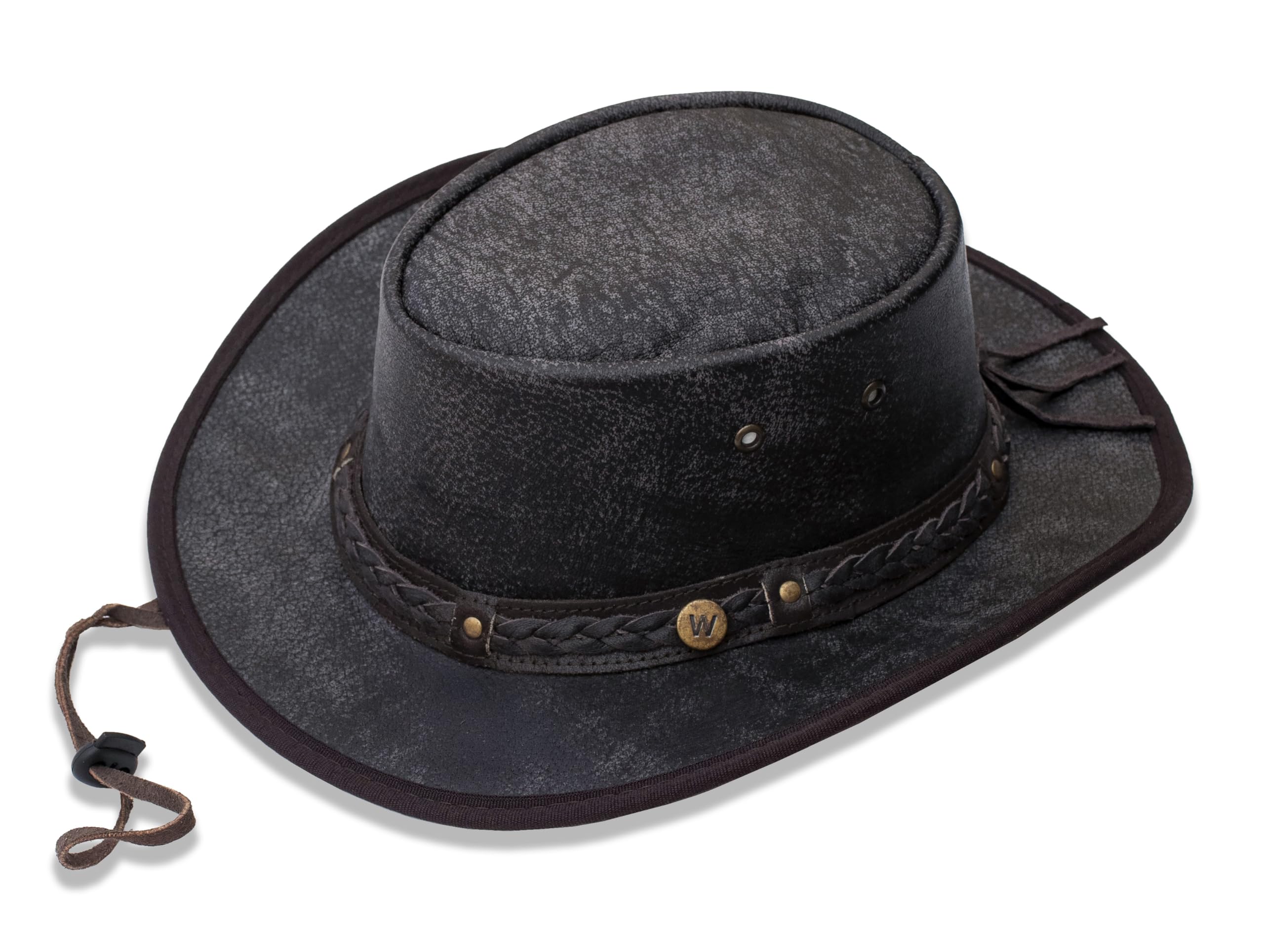 wombat leather Australian Hat - Distressed Leather Cowboy Bush Hats for Men and Women, Foldable Aussie Adventure Safari Outdoor Outback Fishing and Walking Pursuits, Chin Strap - (Extra Small) Brown