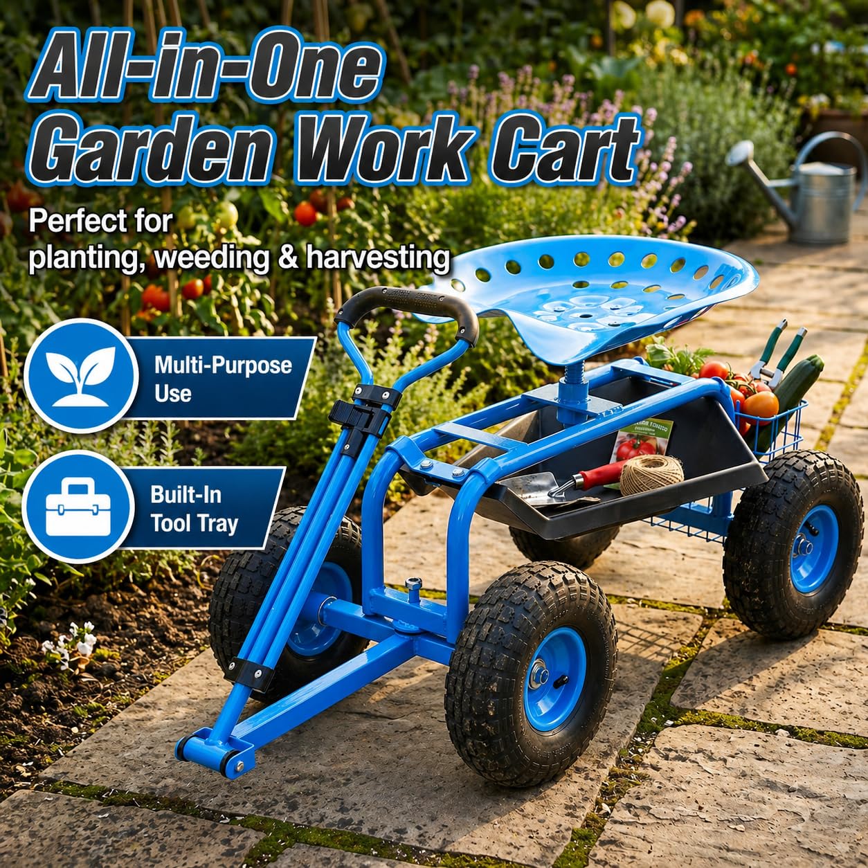 KATSU Tools Carrito de jardín rodante con mango de dirección extensible, bandeja de herramientas de utilidad, asiento de trabajo giratorio de 360° y altura ajustable, carrito de taburete de taller