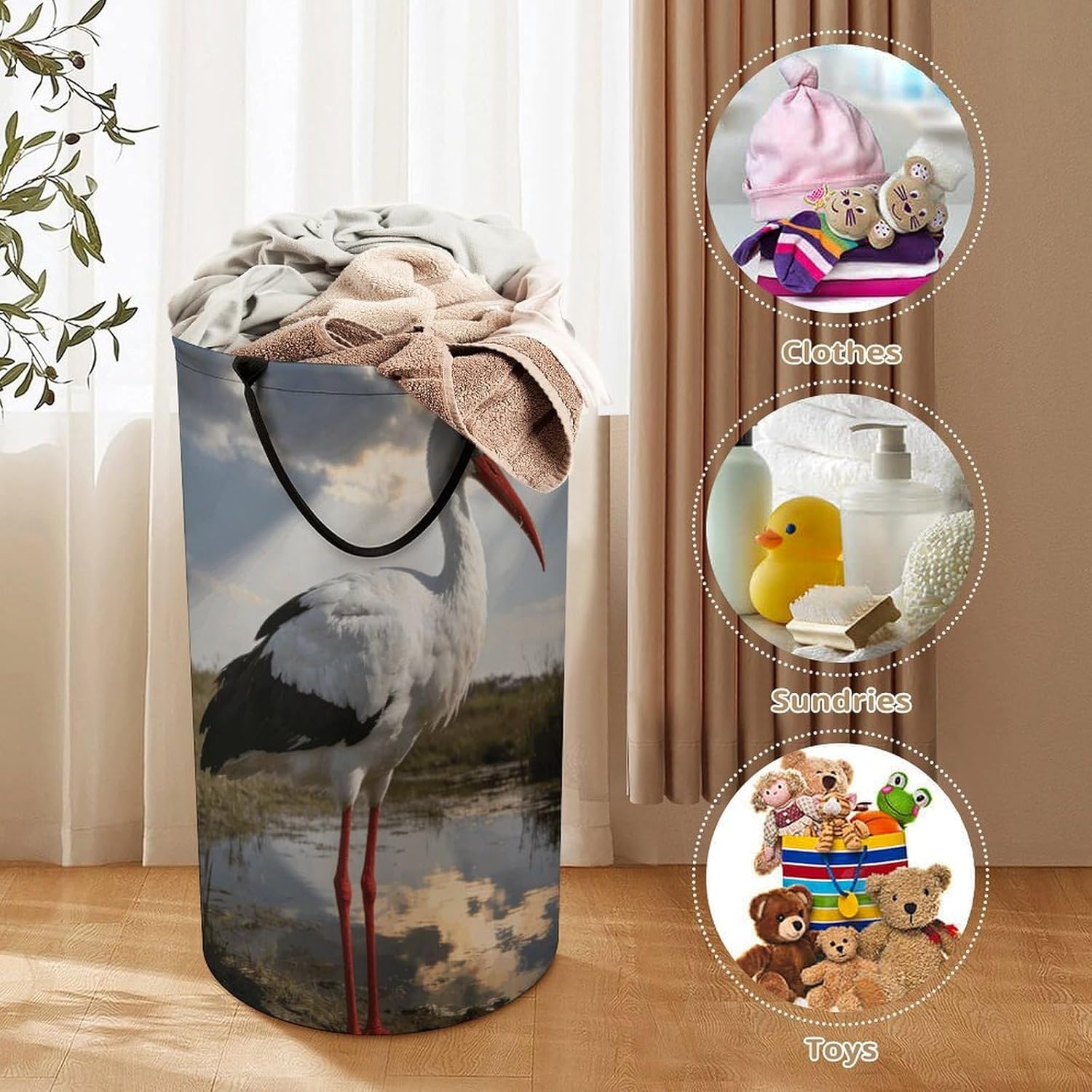 Stork Laundry Hamper with Handles Waterproof Collapsible Laundry Basket Large Lightweight Round Dirty Clothes Hamper for Home Dorm Bathroom Decor
