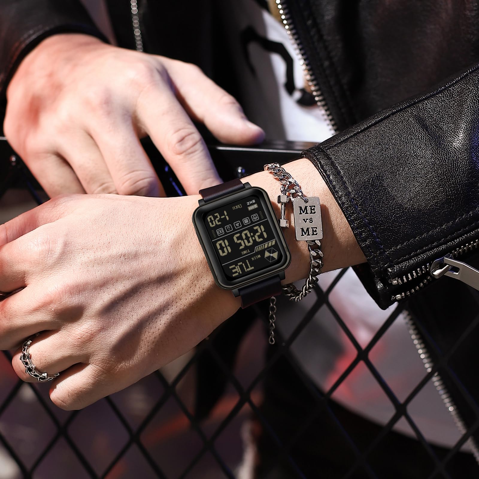 findtime Orologio da polso digitale da uomo, al quarzo, con data luce, cronometro 50 m, impermeabile, sportivo, digitale, per uomini, numeri grandi, rettangolare, coutdown Dual Time 12/24H, Nero