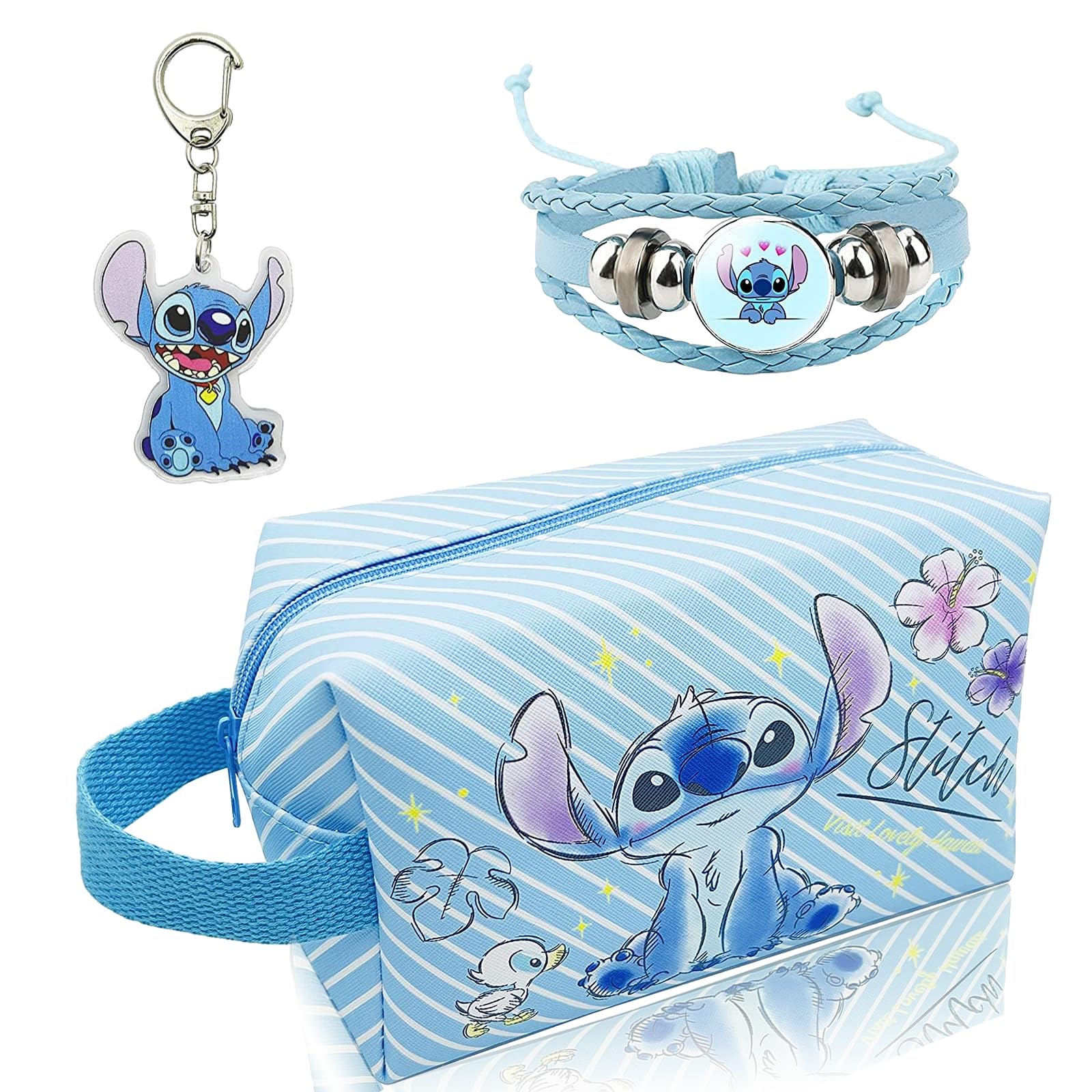 Ubephant Estuche Stitch, Stitch Regalos, Cosas de Stitch 3Pcs, Estuche Niña, Estuche Escolar Niña, Stitch Llavero, Stitch Pulsera, Stitch Bolsa de Lápiz, Regalo de Stitch para Niños