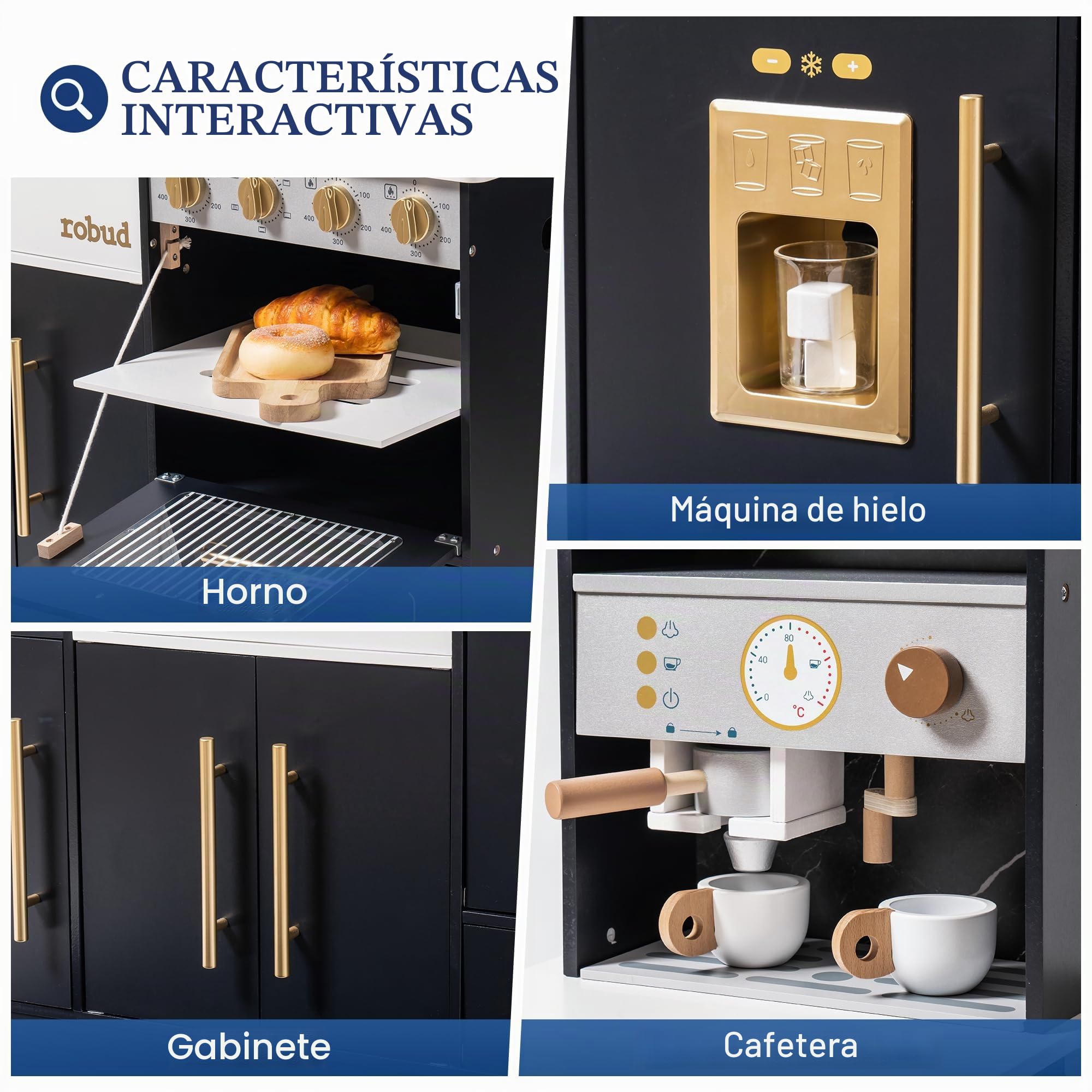 ROBUD Juego de Cocina de Madera para niños – Cocina Moderna Grande de Juguete en Negro con Nevera, cafetera, máquina de Hielo y más, para niños a Partir de 3 años