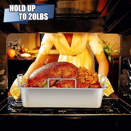 Miniatura 6 de P&P CHEF - Sartén para asar de 16 pulgadas con estante, 7 piezas de acero inoxidable para asador de lasaña con estante de enfriamiento plano y en