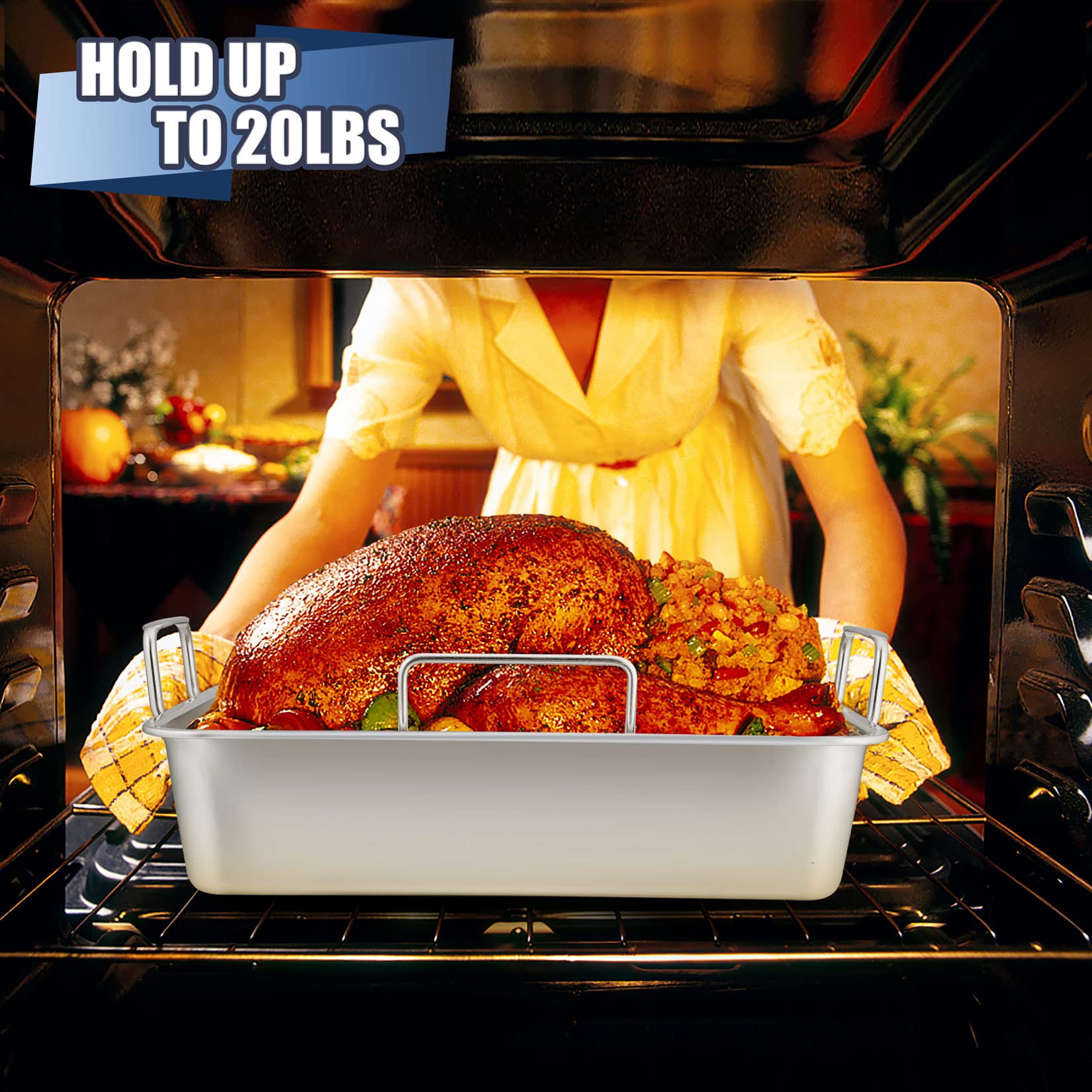 Sartén para asar de 15 ¼ pulgadas con rack, 7 piezas P & P CHEF tostadora de acero inoxidable con bandeja para hornear plana y en forma de V, soporte para pollo a la parrilla, garras para triturar