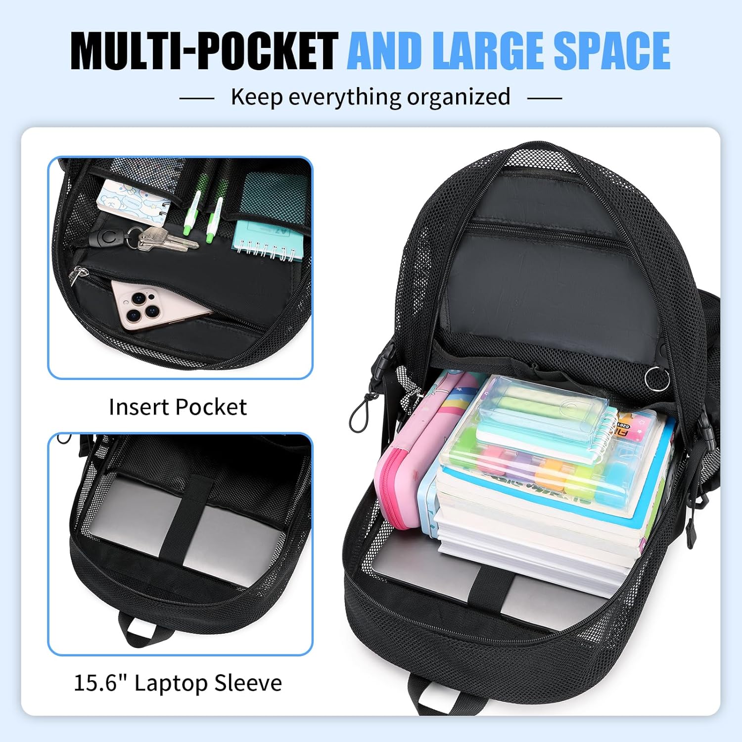 Mesh Backpack Ultra-Lightweight See-Through School Bag with Elastic Rope & Upgraded Shoulder Straps, Breathable Gym & Travel Backpack for Beach Swimming Hiking Sports, Black - Image 6