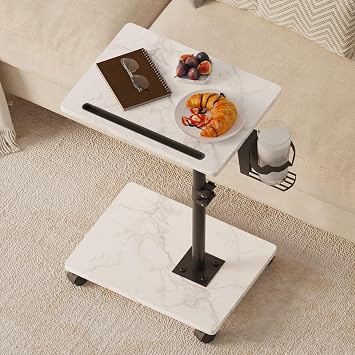 Adjustable TV Tray Table, TV Dinner Table for Eating, C-Shaped TV Trays for Couch, 360Swivel Side End Table, Slide Under Sofa Snack Table for Bedroom Living Room Small Space White+Black