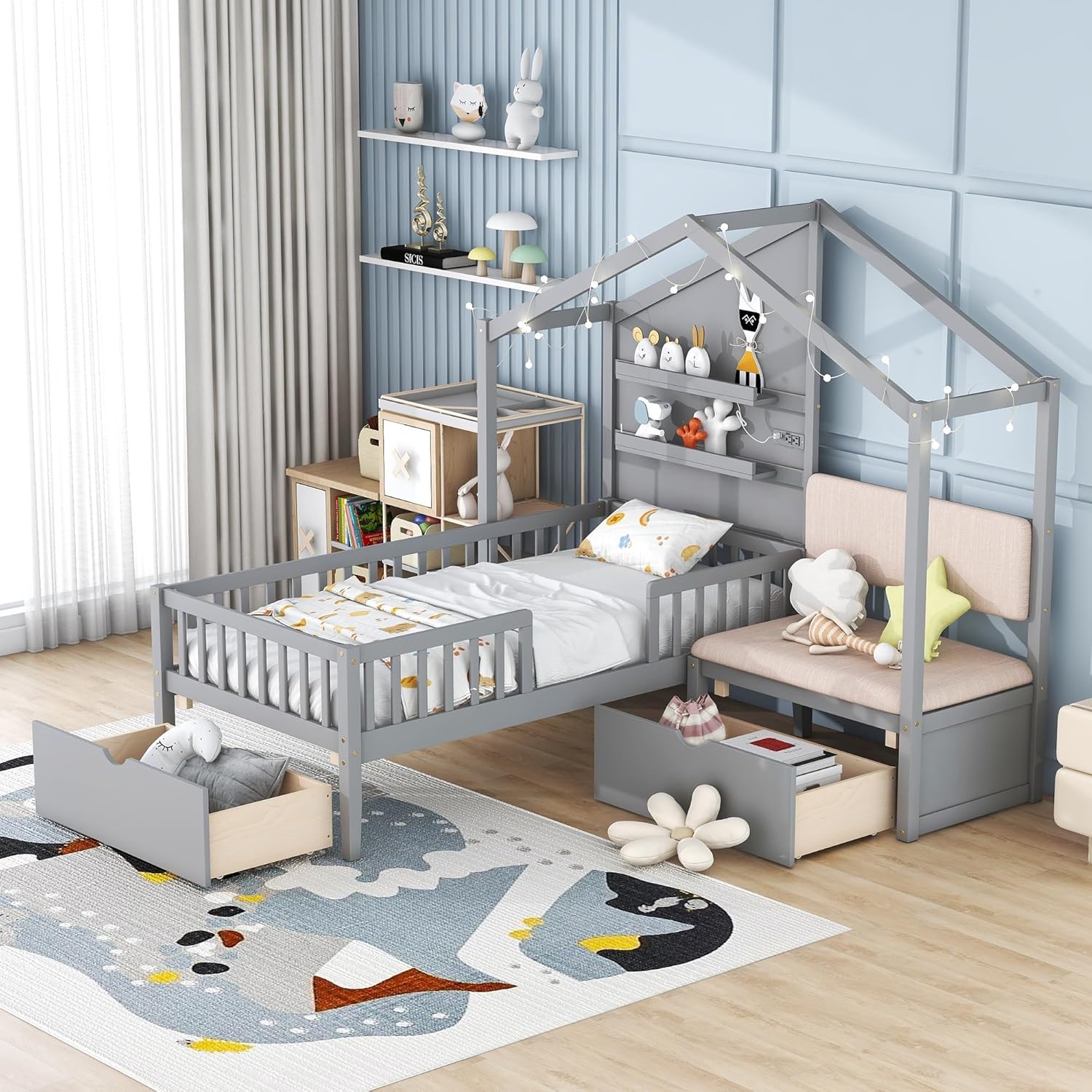 Bellemave Twin House Bed for Kids, House Platform Bed with Upholstered Sofa, Charging Station, Wireless Charging, Storage Shelves and Two Drawers, Light Strip Included, Gray