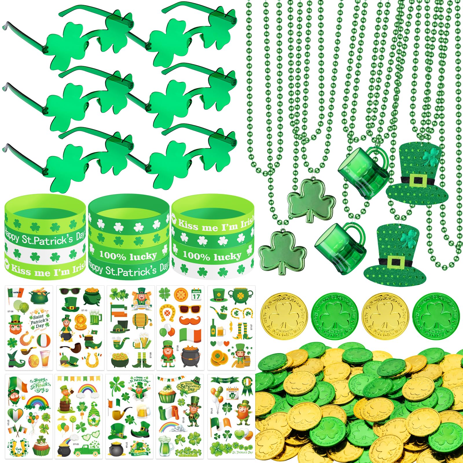 DMIGHT 163Pcs St. Patrick's Day Accessories Party Favor Set, Tattoo Stickers, Necklaces, Bracelets, Shamrock Glasses, lucky Coins for Irish Party