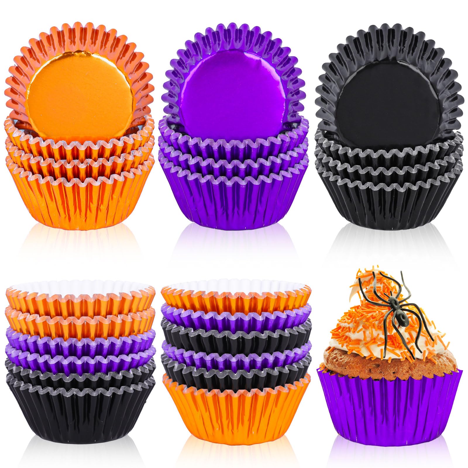 Whaline 450 Stück Halloween-Folien-Cupcake-Förmchen, schwarz, lila, orange, metallische Cupcake-Förmchen, Muffinförmchen für Urlaub, Partyzubehör