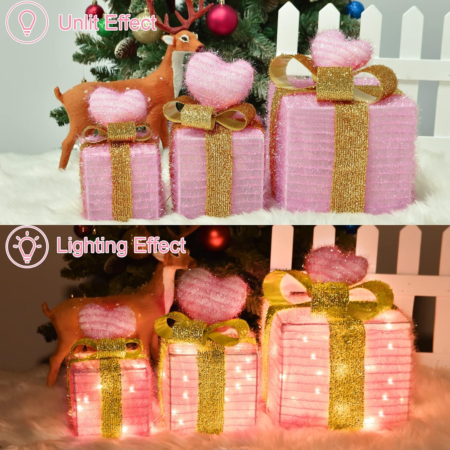 Pink Christmas Decor Light up Gift Boxes with Heart, Light up Xmas Boxes with Battery Operated for Wedding Christmas Valentine's Day Decorations Indoor and Outdoor (3 Pack) (Pink Heart)