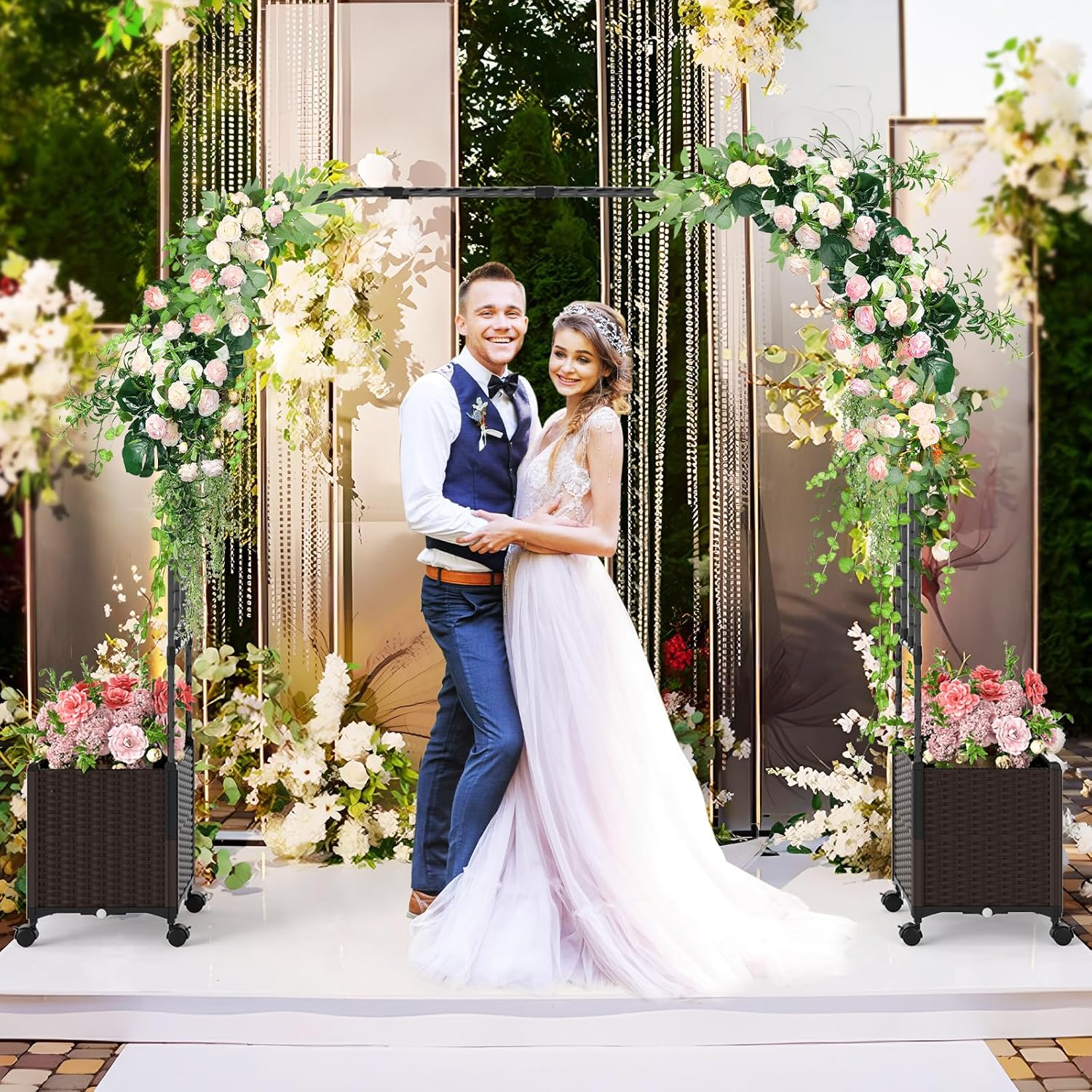 Garden Arch Arbor, 6.6ft Outdoor Arch Trellis with 2 Planter Boxes, Self-Watering System & Lockable Wheels, Metal Arbor Trellis for Wedding, Party, Lawn & Backyard