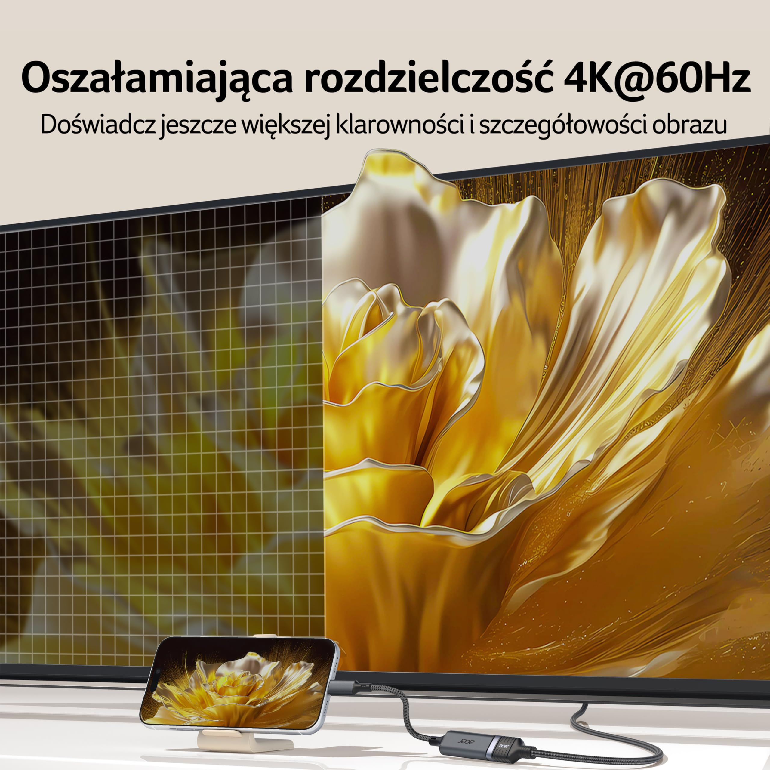 Acer Adapter USB C do HDMI 4K@60Hz, Adapter Typu C HDMI HDR, Thunderbolt 5/4/3 Kompatybilny z Monitorem, MacBookiem Pro Air, iMacem, Serią iPhone 17, iPadem Pro Air, Galaxy S26, laptopem, XPS itp.