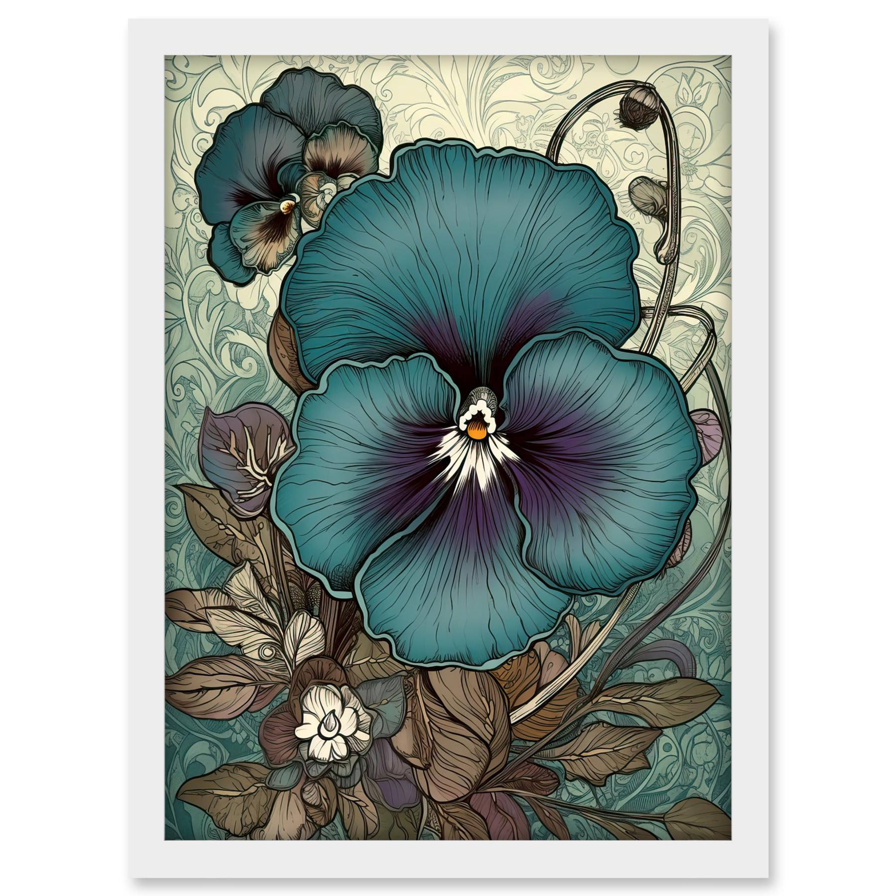 Artery8 Blue and Purple Pansy Flower and Floral Patterns Artwork Framed A3 Wall Art Print