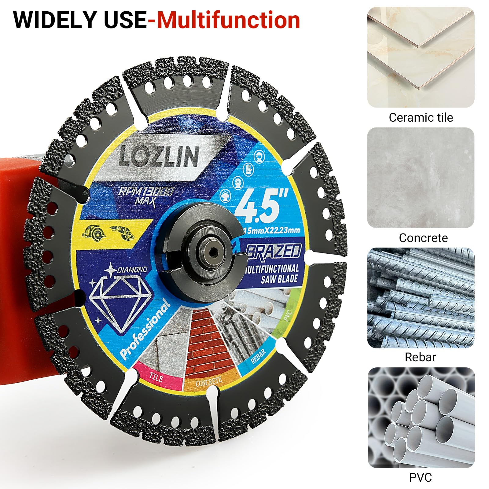 LOZLIN Confezione da 5 lame diamantate multiuso da 11,4 cm, dischi per smerigliatrice angolare per taglio marmo/quarzo/pietra/piastrelle/metallo/plastica (denti neri, 5)