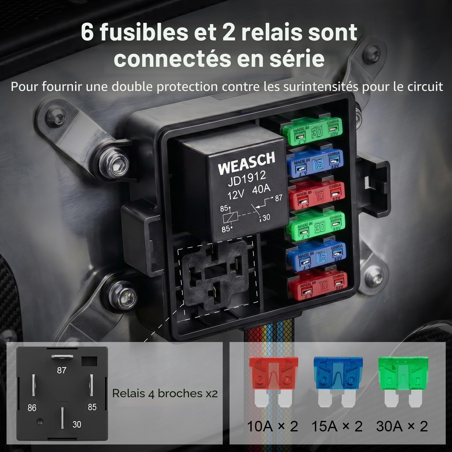 Boîtier de relais de fusible étanche précâblé 12 V 6 voies - 2 relais et 6 fusibles à lame ATC/ATO - Bloc relais 4 broches 40 A - Pour voiture, camion, bateau et Jeep