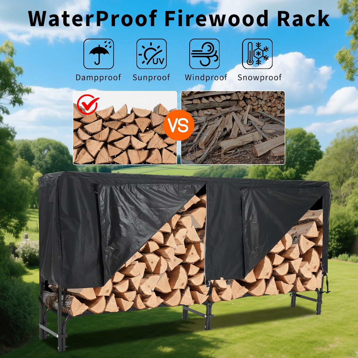 Garvee Heavy Duty 8 ft Firewood Rack Outdoor with Cover Large Steel Log Holder for Patio/Backyard, Weatherproof Wood Storage with Ventilated Design, Easy Assembly No Tools Needed