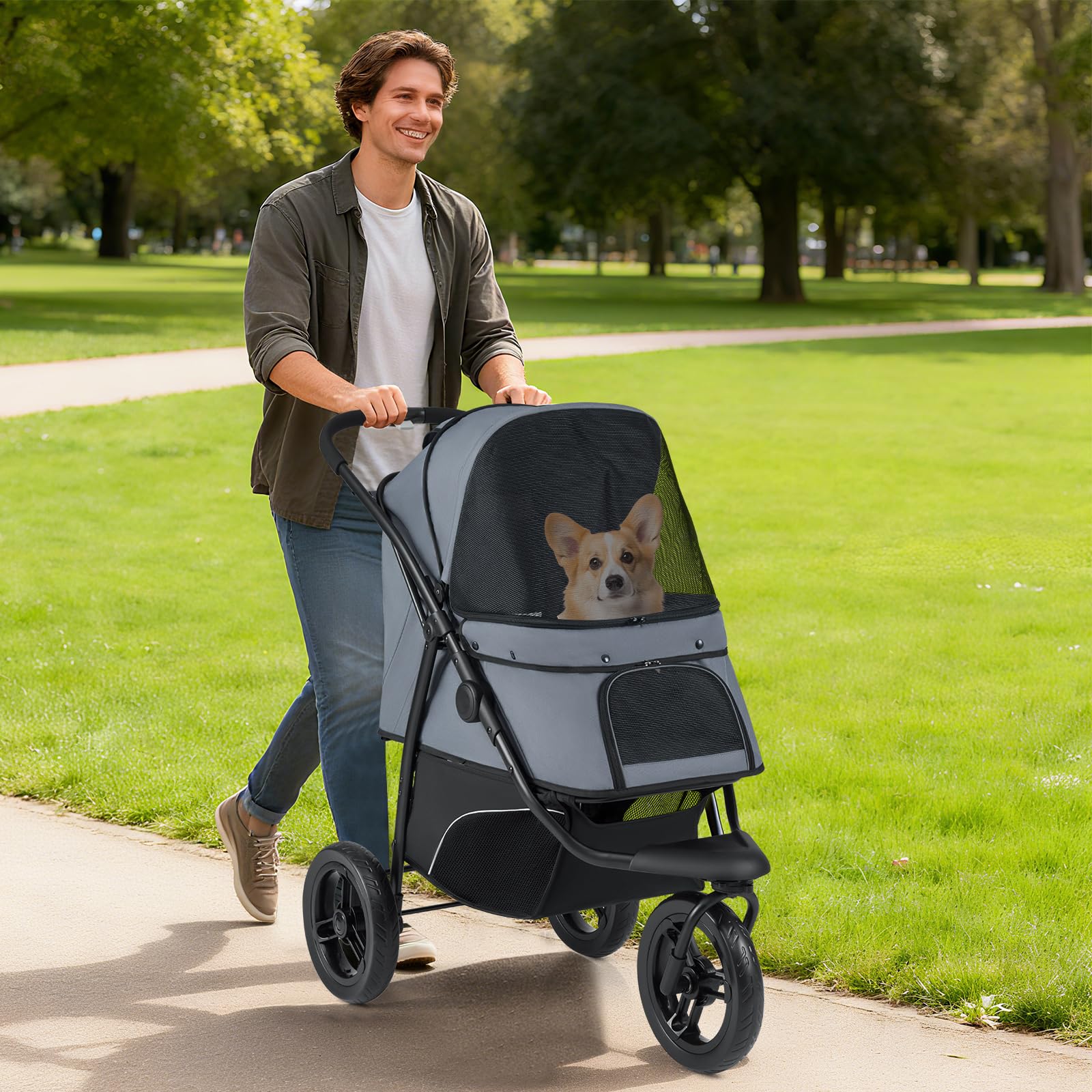 COSTWAY Hundewagen klappbar, Hundebuggy bis 25 kg, Katzenwagen 3 Rad, Haustierwagen mit verstellbarem Sonnendach, Netzfenster, Korb & Polster, Haustierbuggy für Katzen Hunde (Grau)
