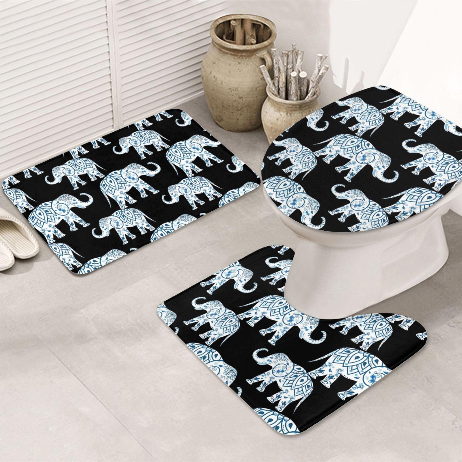 BREAUX Tapis de sol antidérapant imprimé éléphant bleu noir tapis de sol salle de bain tapis de douche antidérapant 3 pièces
