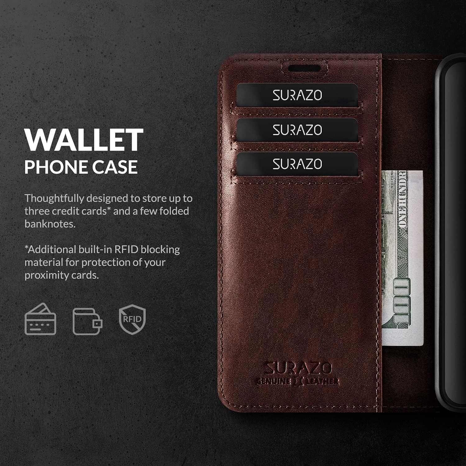 SURAZO iPhone 13 Pro Case Wallet Leather Genuine - RFID 3 Card Slots & Cash Pocket - Secure Magnetic Closure Plus Stand Function - Flip Folio Cover - Only for iPhone 13 Pro Screen Protector