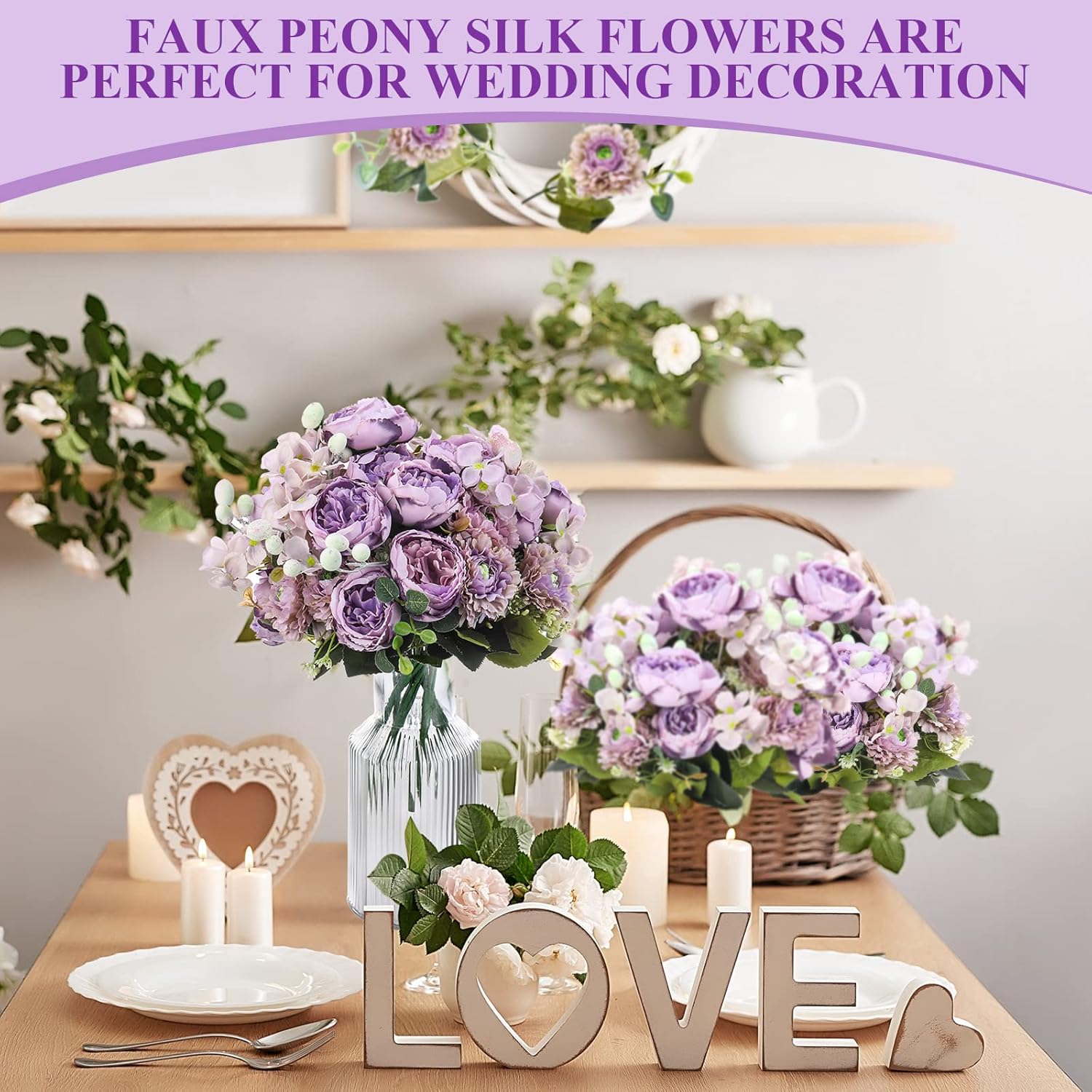 Crowye 8 Bouquets Wedding Silk Peony Hydrangea Flowers with Stems 12.6" H Elegant Faux Vintage Artificial Flowers for Decoration for DIY Table Party Decor Centerpieces Home(Purple) - Image 3