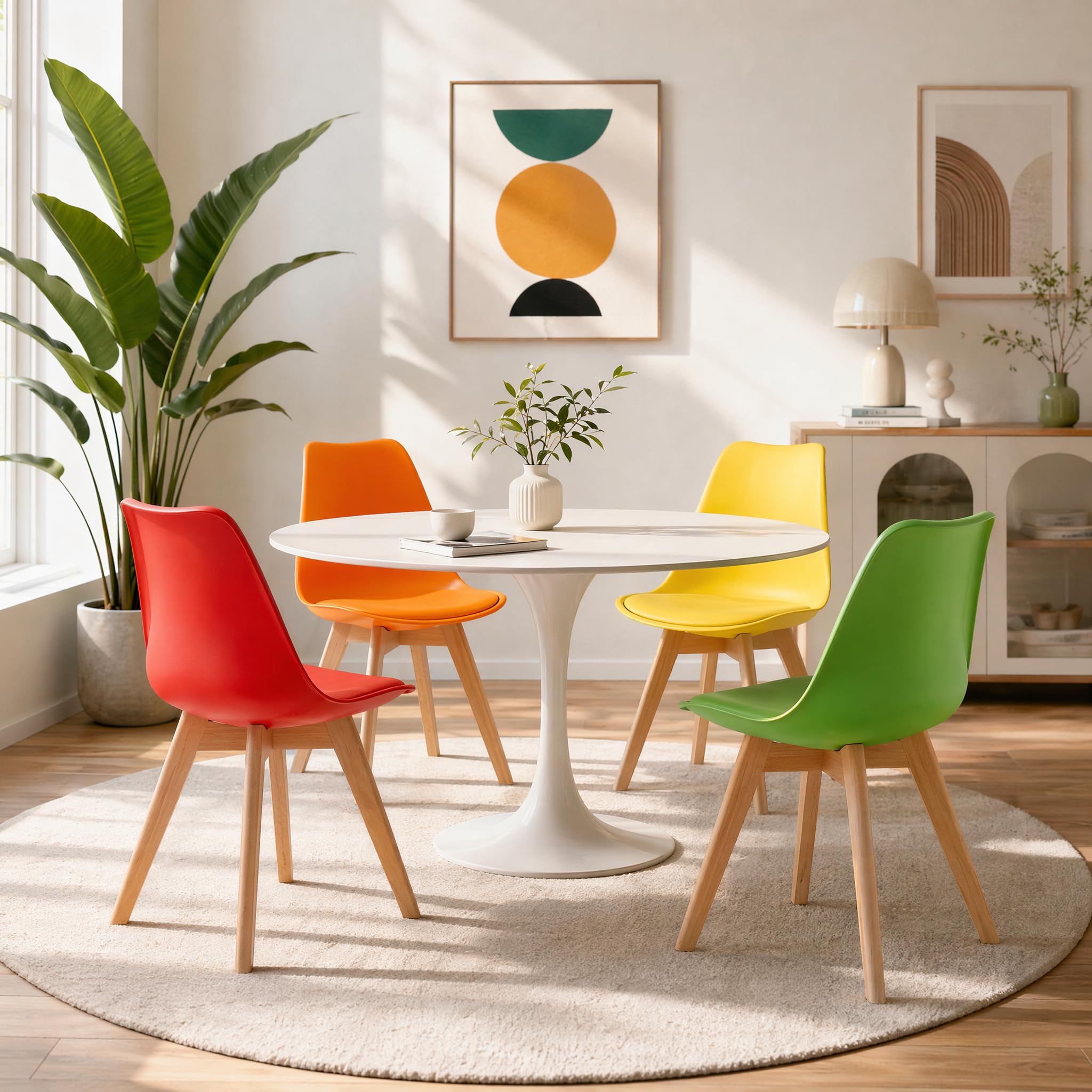 EGGREE Lot de 4 Chaises Scandinaves Multicolores, Chaises de Salle à Manger et de Cuisine, Assise Rembourrée en Simili Cuir PU, Pieds en Bois de Hêtre, Jaune/Rouge/Vert/Orange