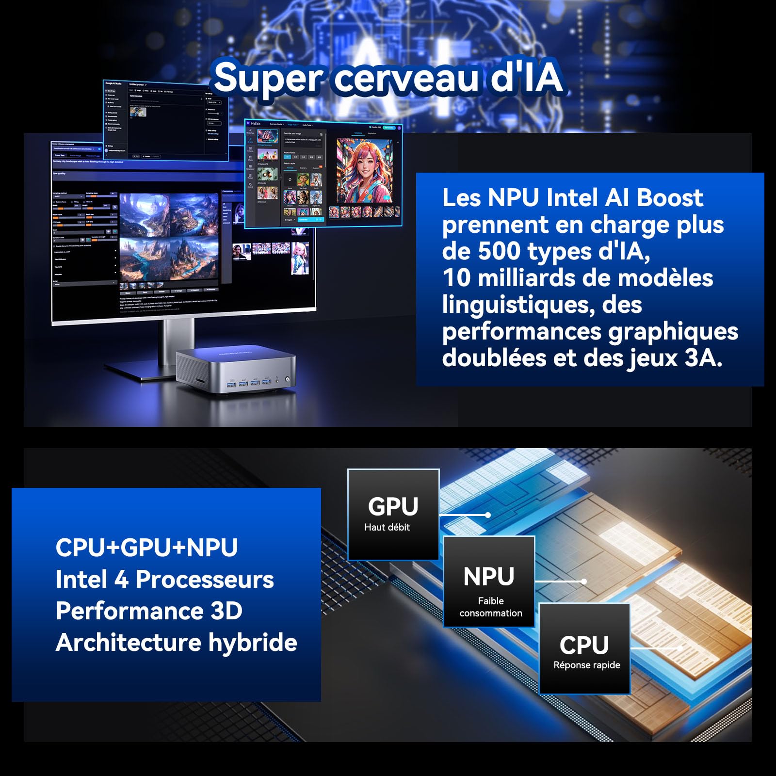 GEEKOM GT1 Mega Mini PC AI avec Intel Core Ultra 9-185H, Double LAN 2.5G | SSD 1To(jusqu'à 4To),Ultra-Silencieux <32dB, 16Go DDR5 Évolutif, Mini Ordinateur, 2x USB4, Lecteur de SD, 4 Écrans 8K, WiFi 7