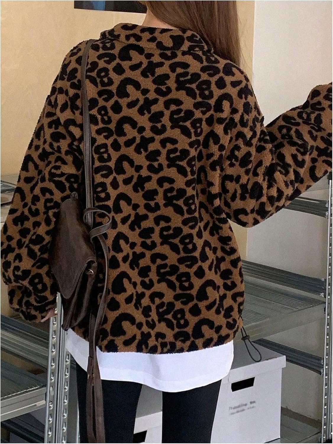 WDIRARA Women's Leopard Print Half Zip Collar Sweatshirt Drop Shoulder Long Sleeve Cheetah Print Oversized Pullover - Image 2