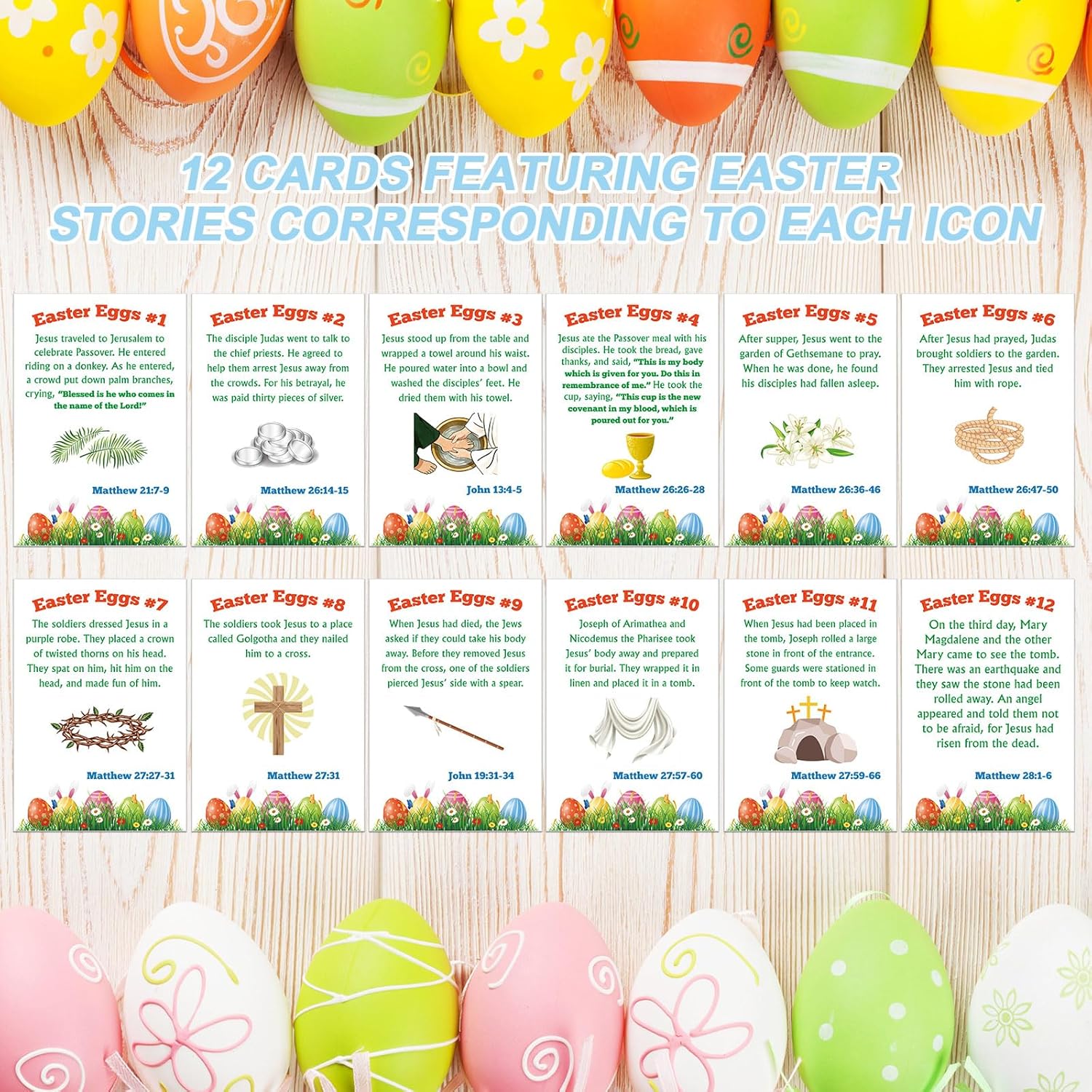 Thenshop 4 Set Resurrection Easter Story Eggs 48 Matching Religious Story Cards Holy Week Card Easter Egg Fillers Christian Resurrection Gifts for Christian Basket Stuffers Classroom Activities Favors