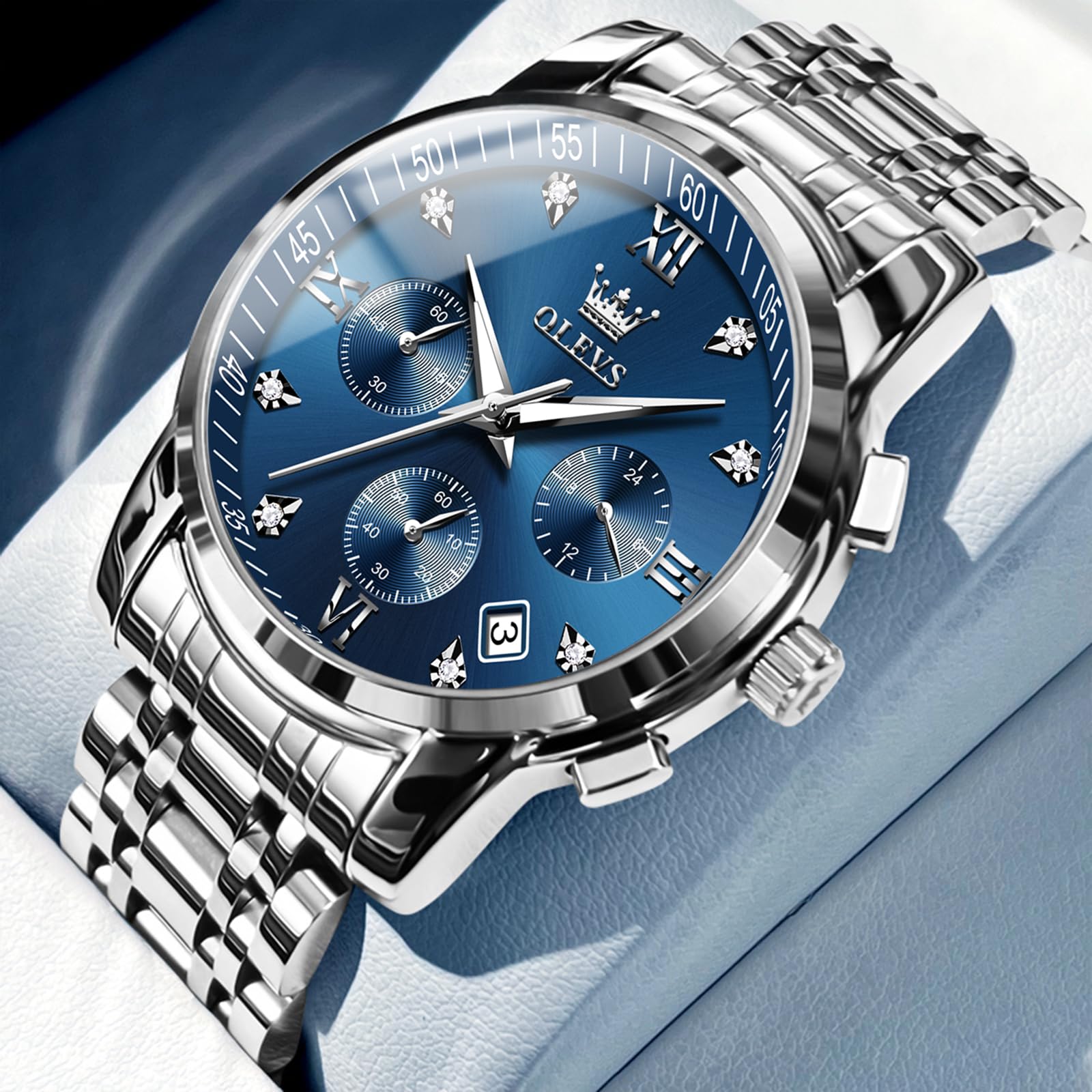 OLEVS Uhren Herren, Analoger Quarzuhr Edelstahl Herren Uhr, Klassisches Chronograph Diamanten Herrenuhren, Luxus Armbanduhr Herren