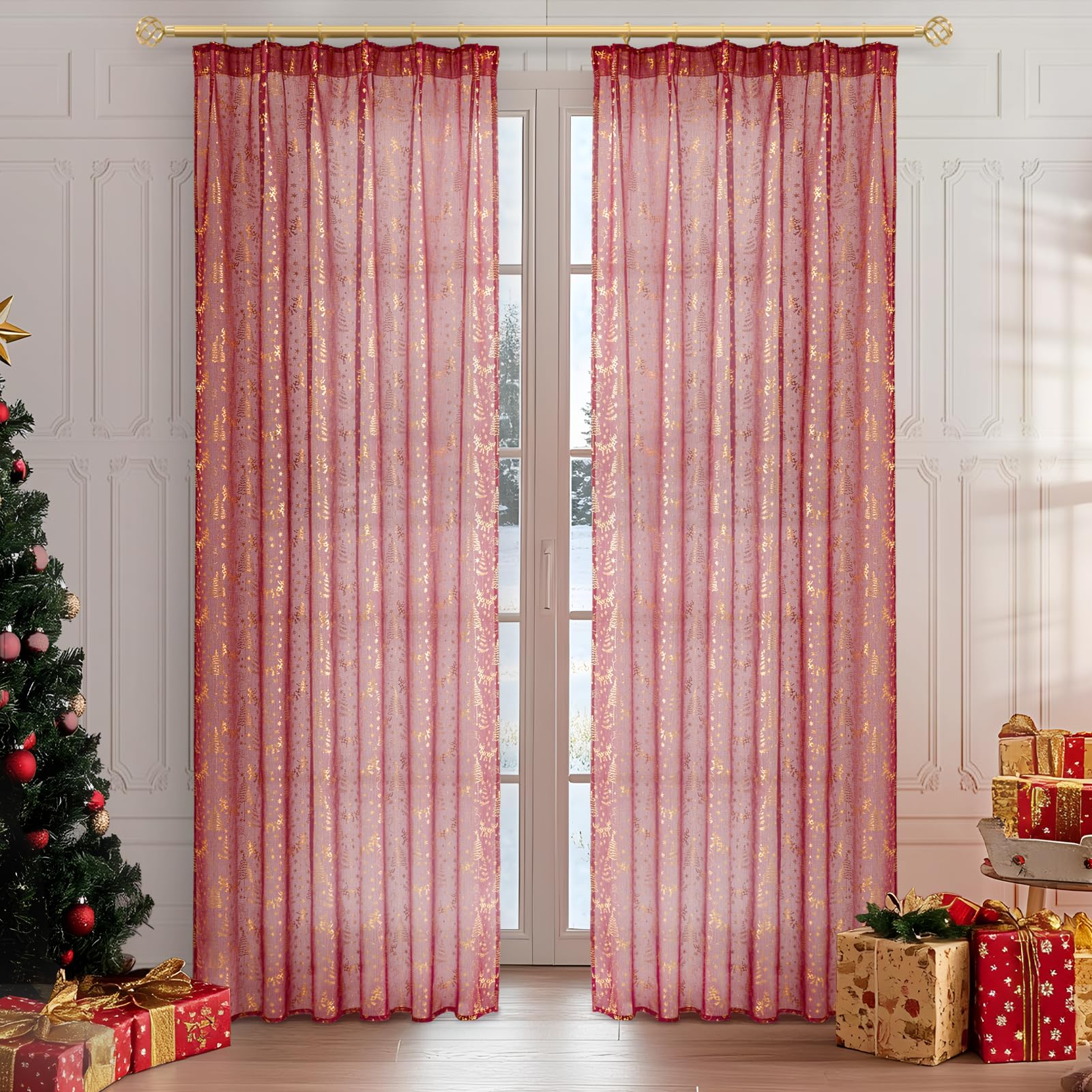 MRTREESChristmas Curtain Living Room Modern Curtains Set of 2 Red Curtains Kids Room Curtains with Hooks Transparent Curtains with a Christmas Pattern for Living Room, Kids Room 225x140