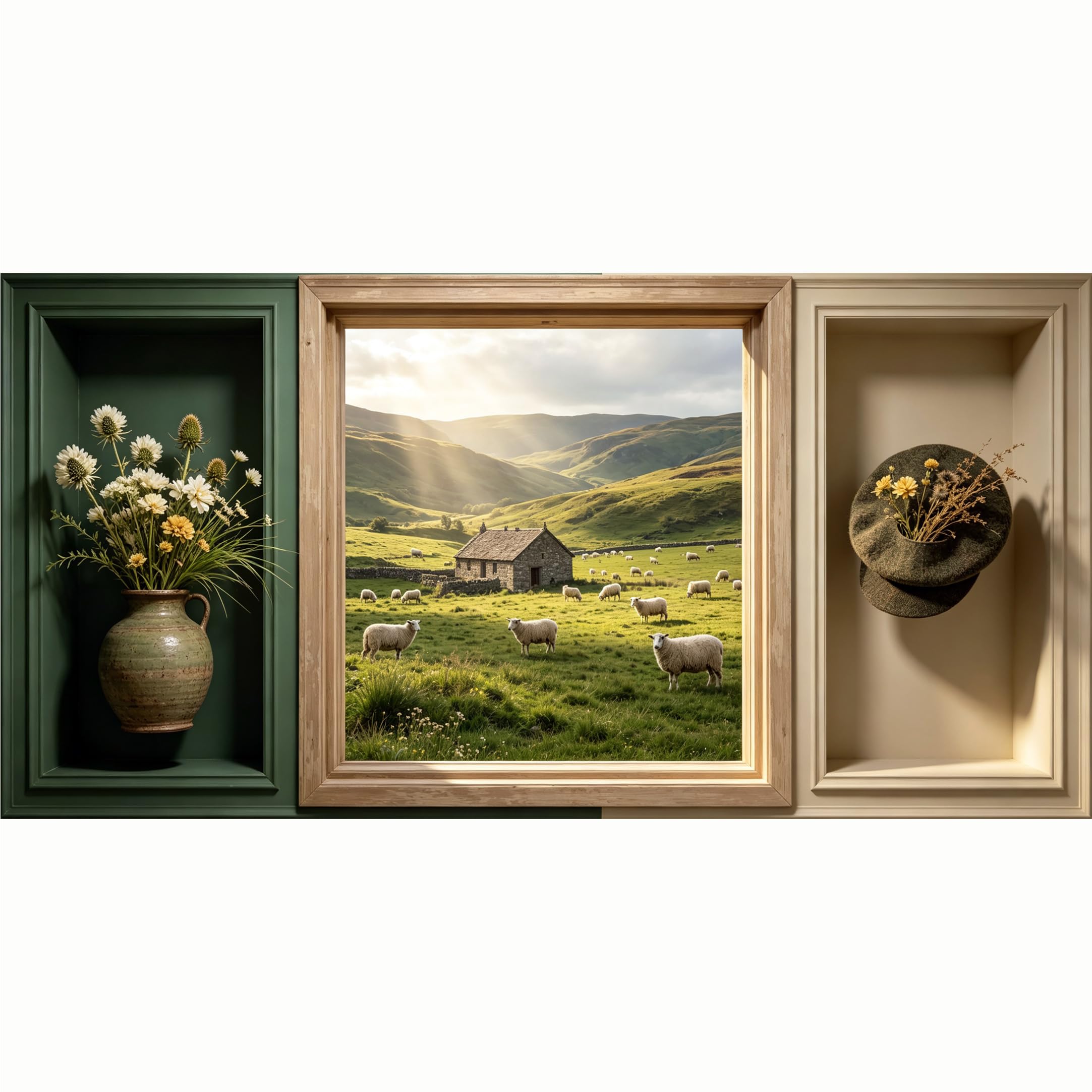 QZLITHOTIC 50x100cm 3D Framed Wall Art， Pastoral Sheep Farmhouse Landscape Self‑Adhesive Mural， Water‑Activated Peel & Stick Fabric Decor Wall Decal for Bedroom Living Room