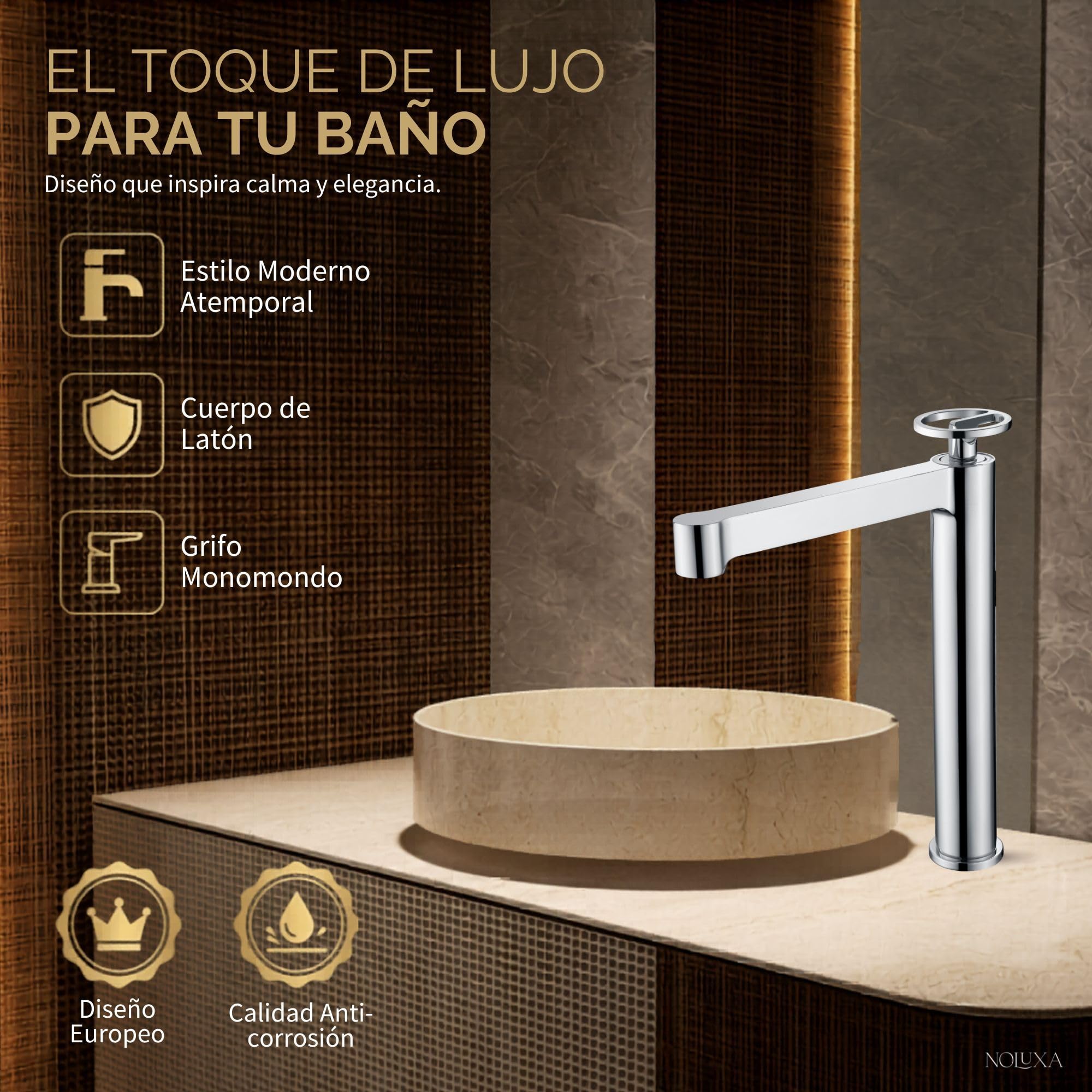 IMEX - Grifo Lavabo Cromado Caño Alto | Grifo Baño Mezclador Agua Fria y Caliente | Grifería Monomando Efeto Cascada con Caño de Latón y Ahorro de Agua | Serie Olimpo | Color Cromado
