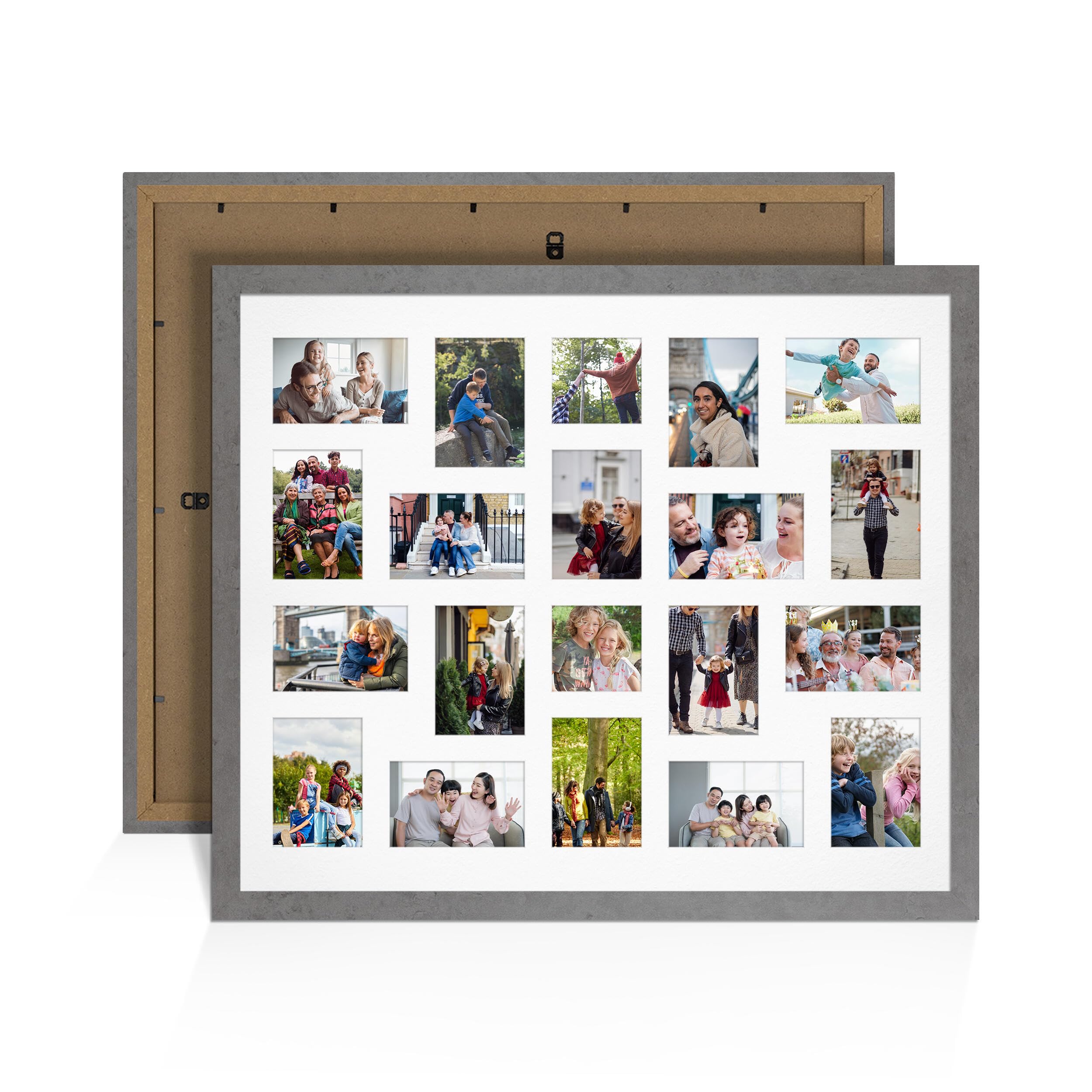 Alison Kingsgate Grey Marble 80x70cm Photo frames for multiple pictures - 20 Apertures Collage Frame with White Mount- Holds (18x) 6x4 & (2x) 4x4 Photos - Engineered Wood & Perspex